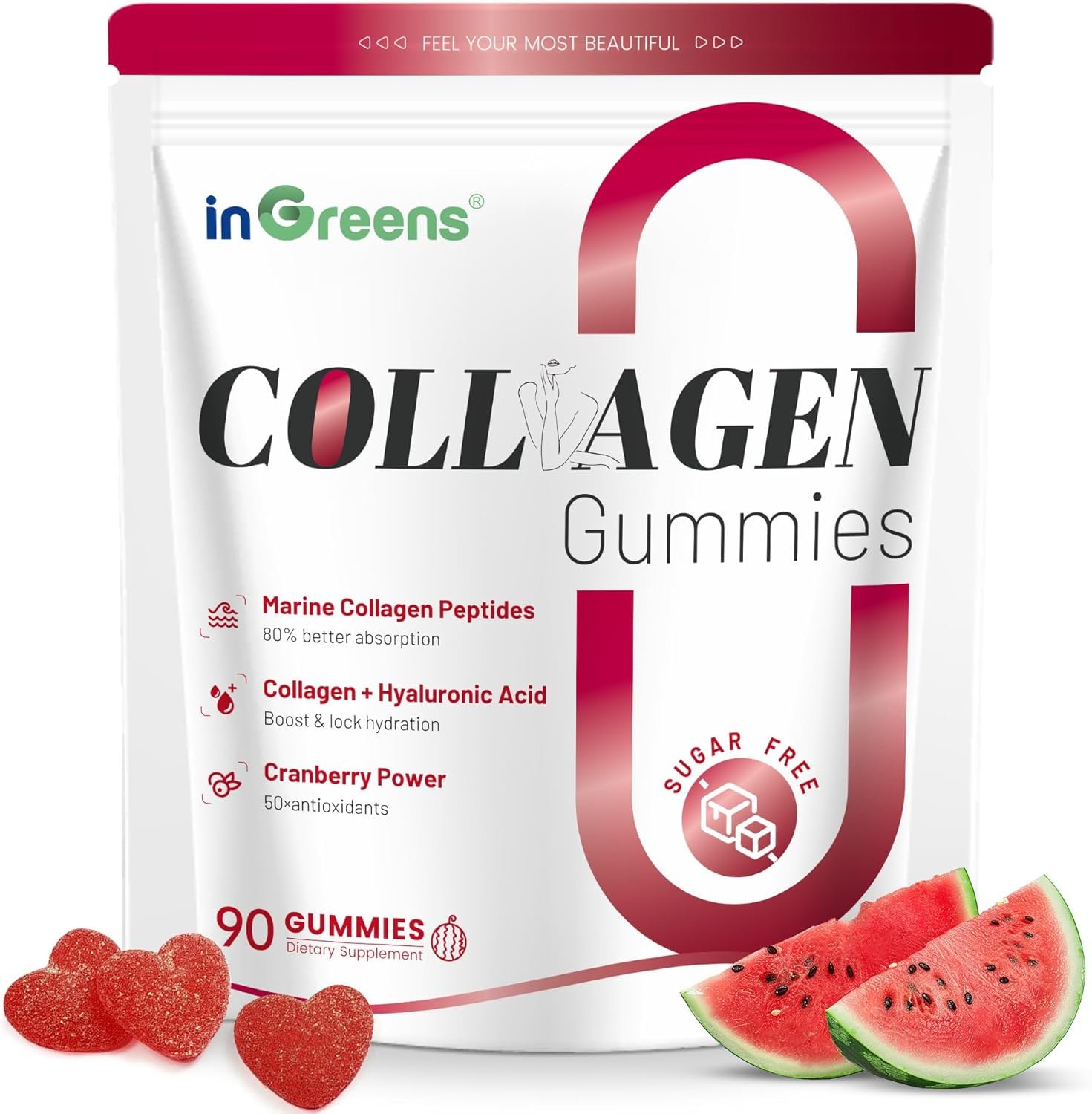 inGreens Collagen Peptides Gummies for Women – 5000mg Hydrolyzed Marine Collagen, Sugar Free with Type I,II,III & Biotin, 90 Count