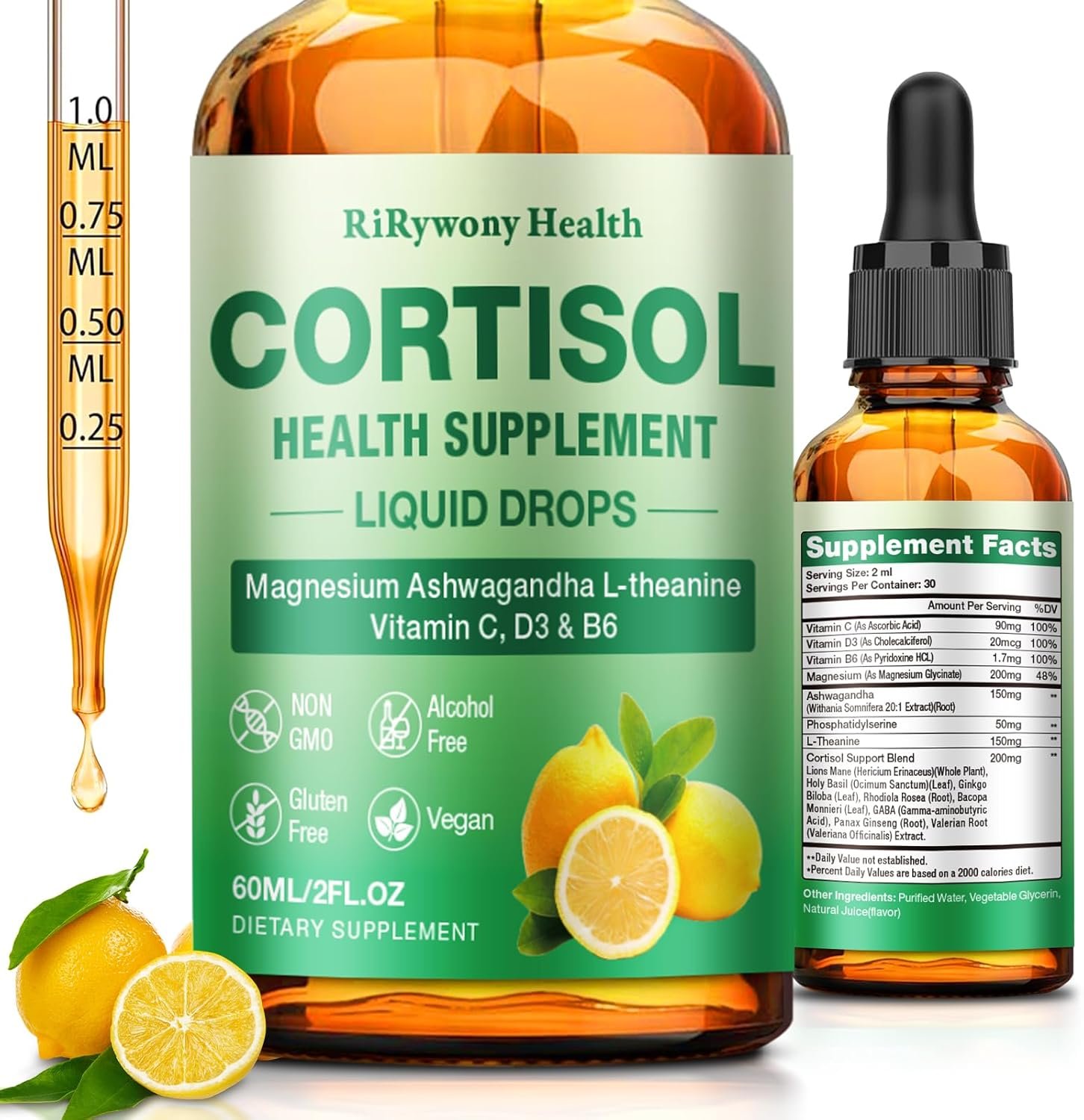 Cortisol Supplement for Women & Men – Cortisol Detox Reducer Magnesium Glycinate, Ashwagandha, L-Theanine, Phosphatidylserine – Hormone Balance for Calm Mood Focus Sleep (2 FL.OZ Lemon)