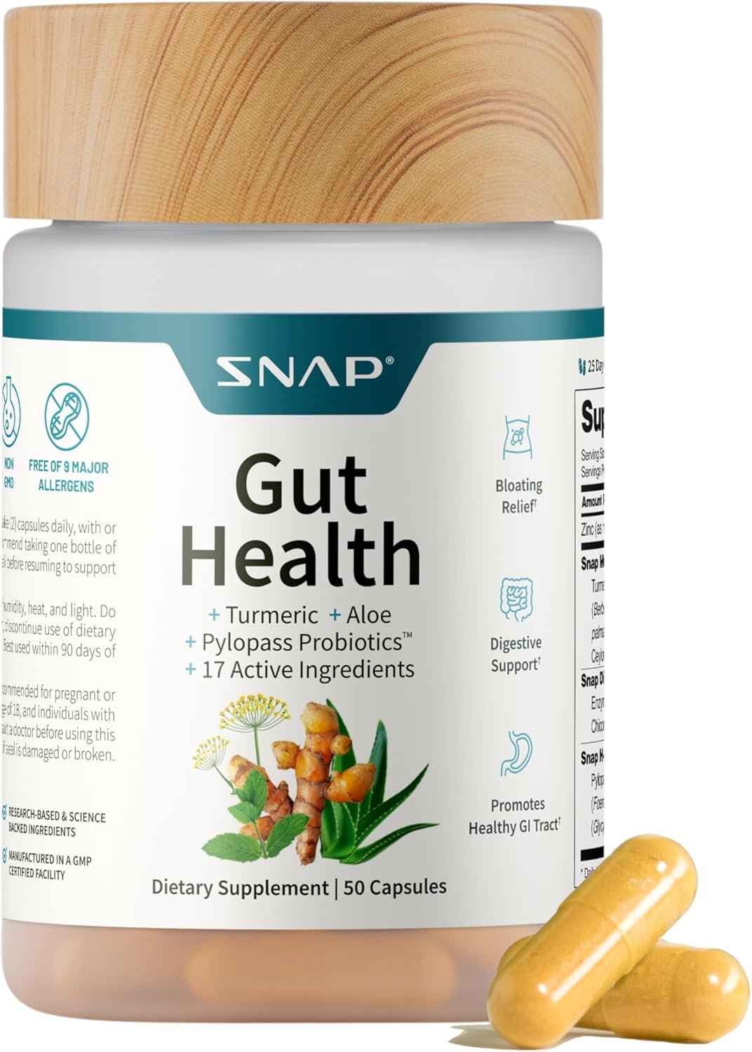 Snap Supplements Gut Health Lipase Supplement with Probiotics for Women & Men, Digestive Enzymes & Prebiotics – Turmeric, Aloe, Pylopass & Zinc, 50 Vegetarian Capsules