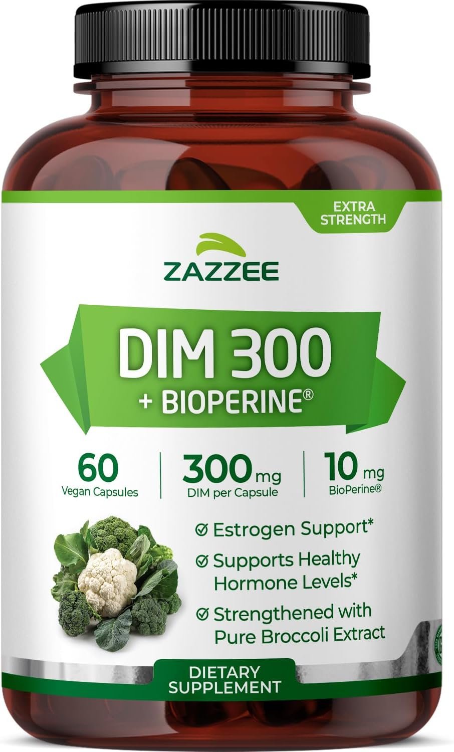 Zazzee DIM 300 mg Per Capsule, 60 Count, Plus 10 mg BioPerine, Estrogen Balance, Hormonal Acne, Menopause Support, Hormonal Balance, Diindolylmethane, Vegan, All-Natural, Non-GMO, Made in The USA