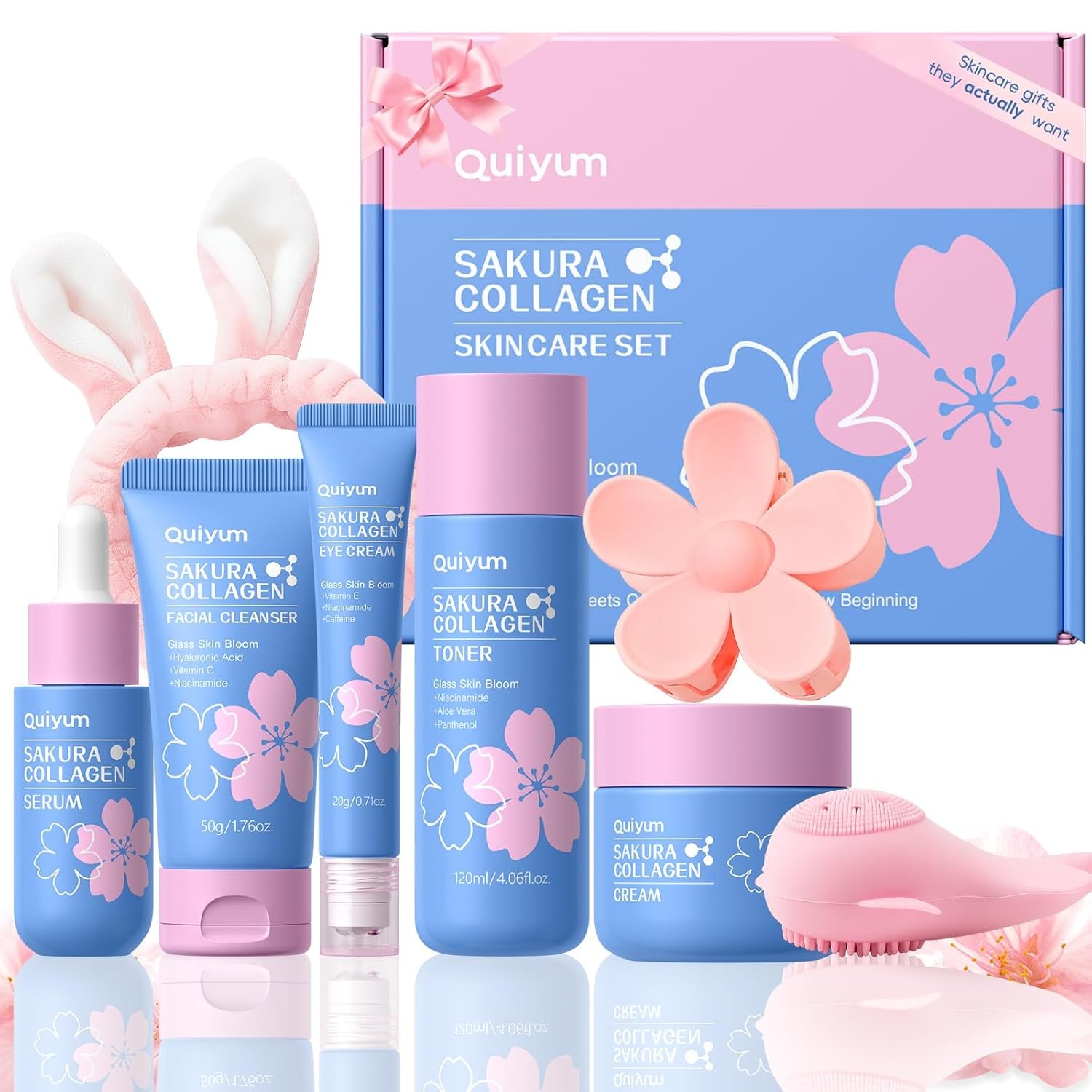 QUIYUM Sakura Collagen Skincare Set – 8-Piece Glass Skin Routine with Cleanser, Toner, Serum, Eye Cream, Moisturizer | Hydration, Firm, Glow for All Skin Types, Skin Care Gift Sets, for Mother’s Day