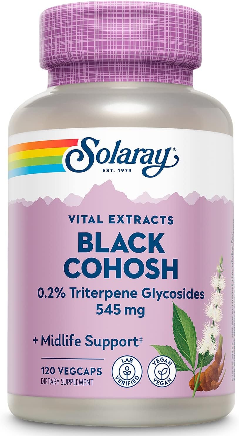 SOLARAY Black Cohosh Root Supplement for Women – Menopause Support, Vegan Capsules, Black Cohosh Herb, 545 mg per Serving, Phytoestrogen Properties, 0.2% Triterpene Glycosides – 120 Veg Cap Count