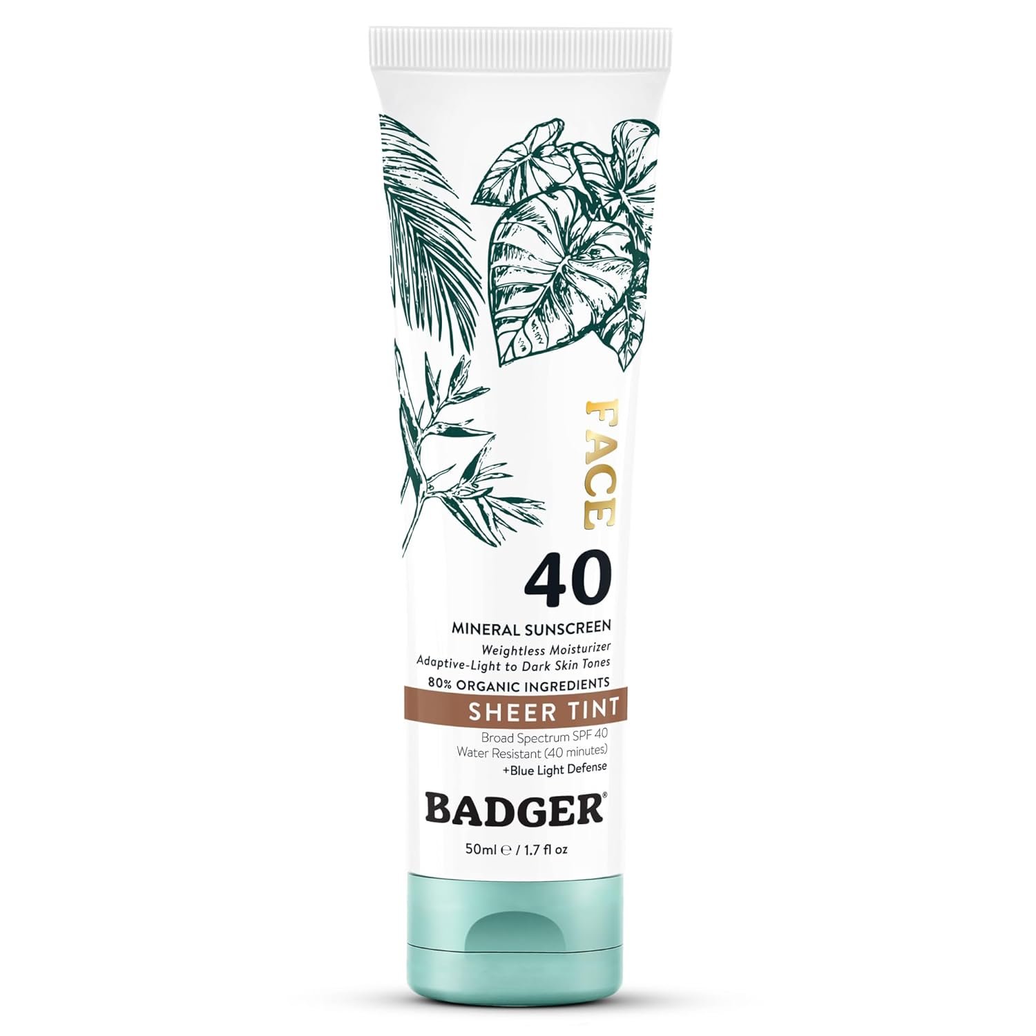 Badger Tinted Sunscreen for Face SPF 40, Lightweight Tinted Mineral Sunscreen w/Sheer Tint Warm Finish for Light or Dark Skin, No White Cast, 80% Organic, Vegan, Water Resistant, Unscented, 1.7 fl oz