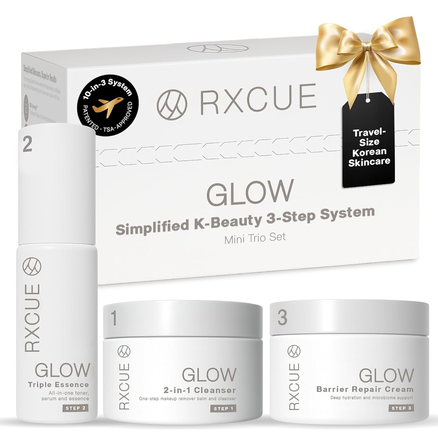 Travel Size Korean Skincare Set, 3 Step Simplified K Beauty Kit, Rxcue Glow Patented 10-in-3 System for Glass Skin, TSA Approved, Korean Skin Care Travel Set, Skincare Kits & Gift Set, 1.01 fl oz ea