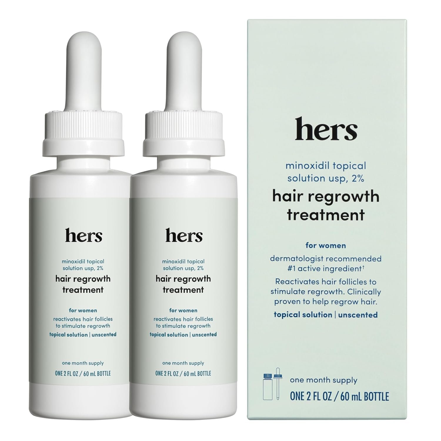 hers Hair Regrowth Treatment – Topical Minoxidil 2% Solution for Women – Supports Thicker, Fuller Hair – Non-Greasy – Unscented, 2 Pack