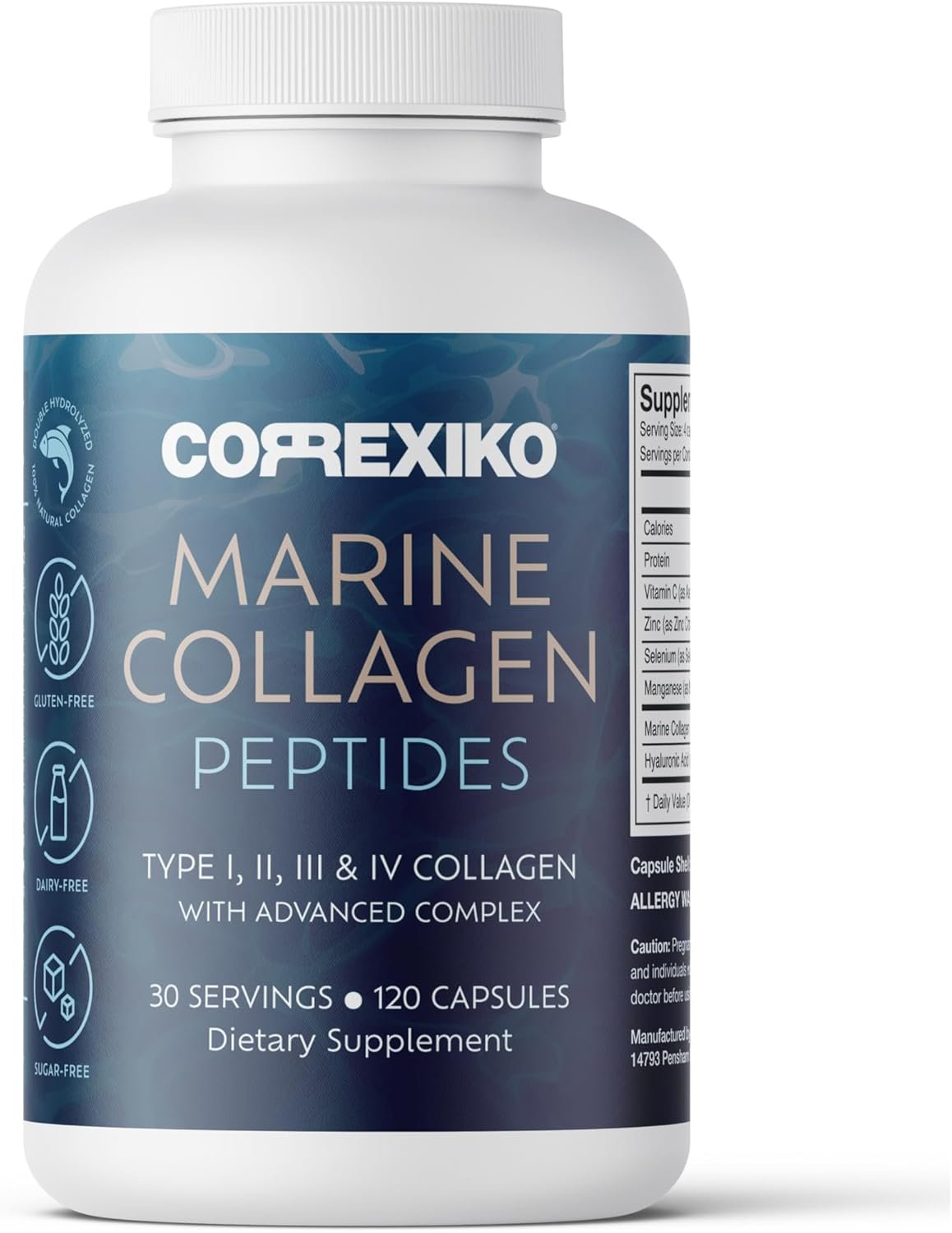 CORREXIKO Marine Collagen Supplement Pills – 1800mg Hydrolyzed Collagen Peptides per Serving with Added Hyaluronic Acid, Vitamin C & Minerals – for Hair, Skin & Nails – 120 Capsules 30 Day Supply