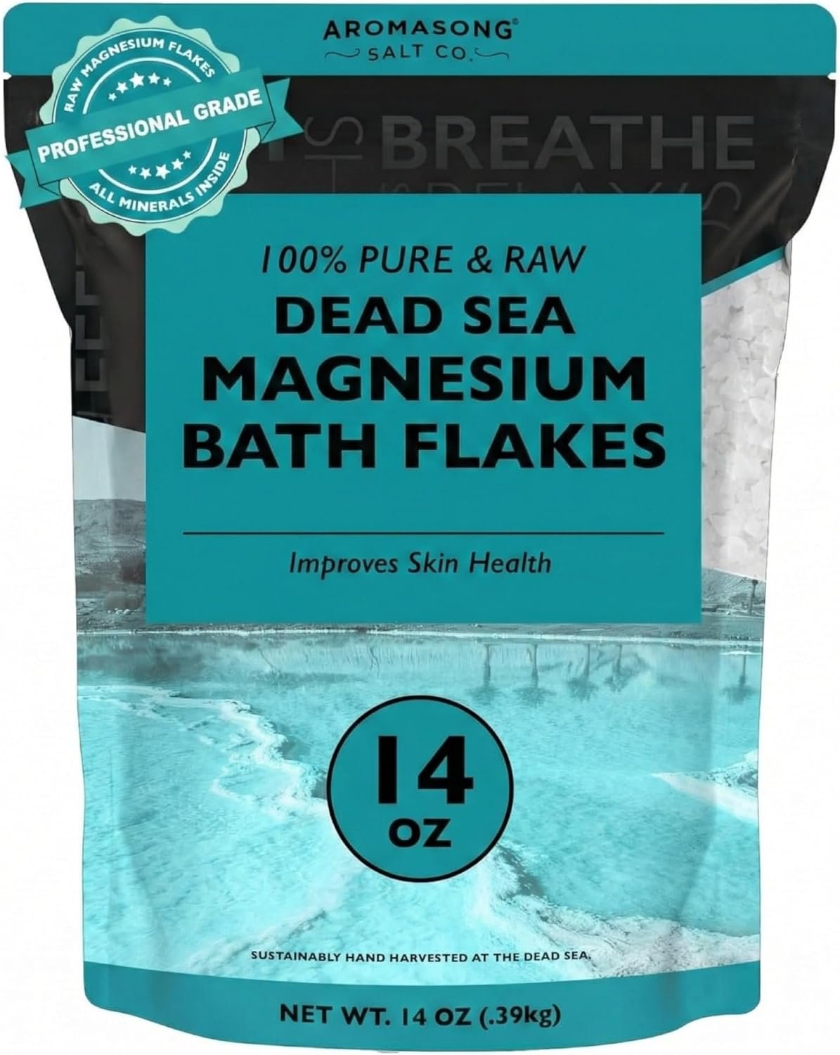 Aromasong Magnesium Flakes from The Dead Sea, 14 OZ. Resealable Pack- Muscle Relaxing Magnesium Chloride Bath Salts Soak.