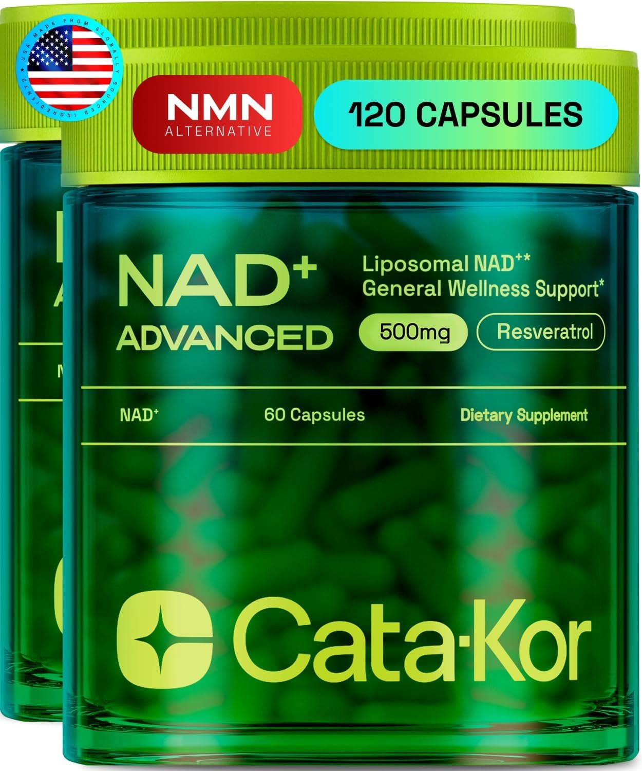 Cata-Kor Liposomal NAD Supplement with Resveratrol – NMN Supplement Alternative – 60-Day Supply – Third-Party Tested – 120 Capsules – Advanced NAD+ Resveratrol – Pack of 2