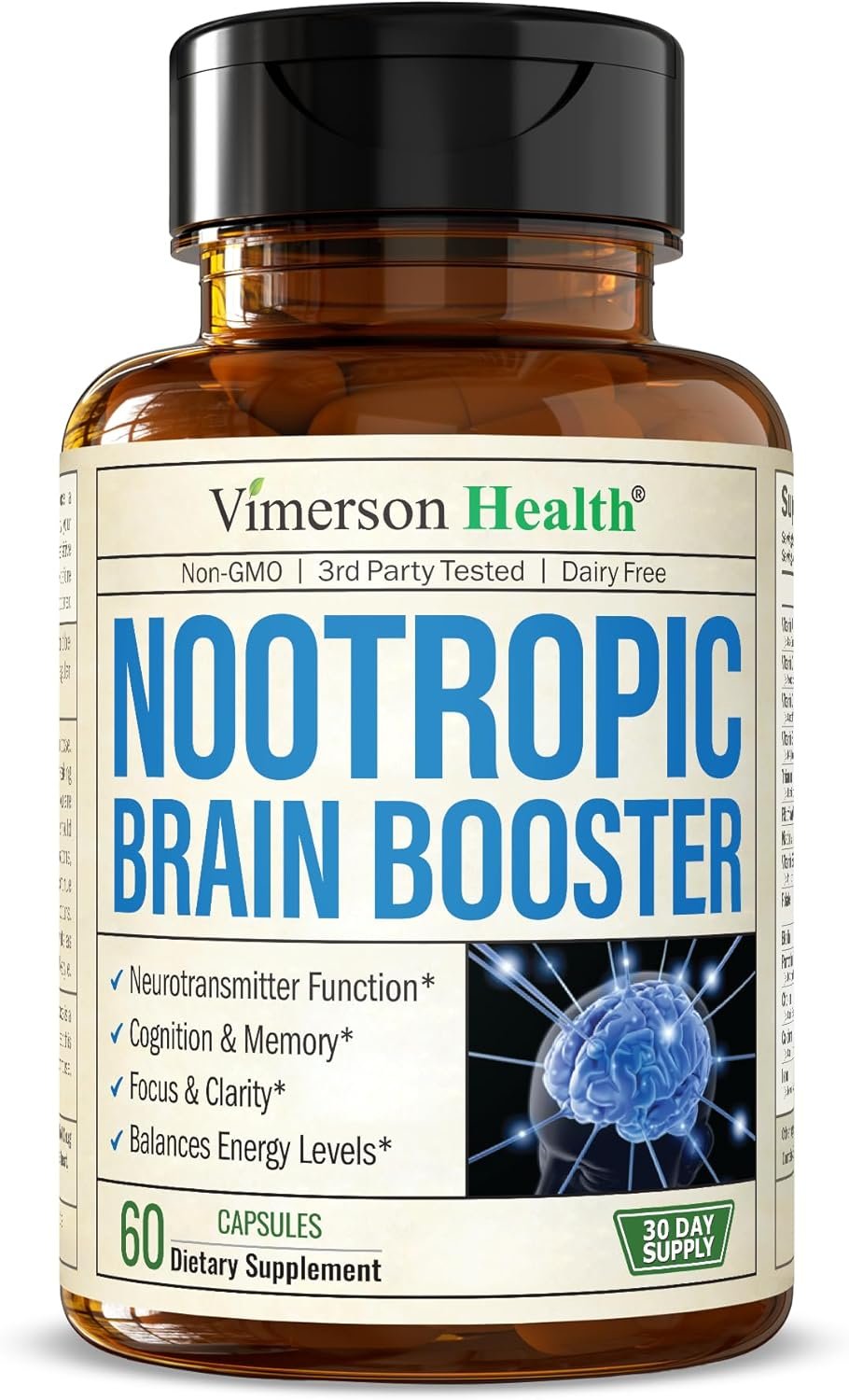 Nootropics Brain Support Supplement – Nootropic Brain Booster for Improved Focus, Concentration & Memory. Brain Nootropic for Brain Health, Mood & Energy Support. Non-GMO. Made in the USA. 60 Capsules