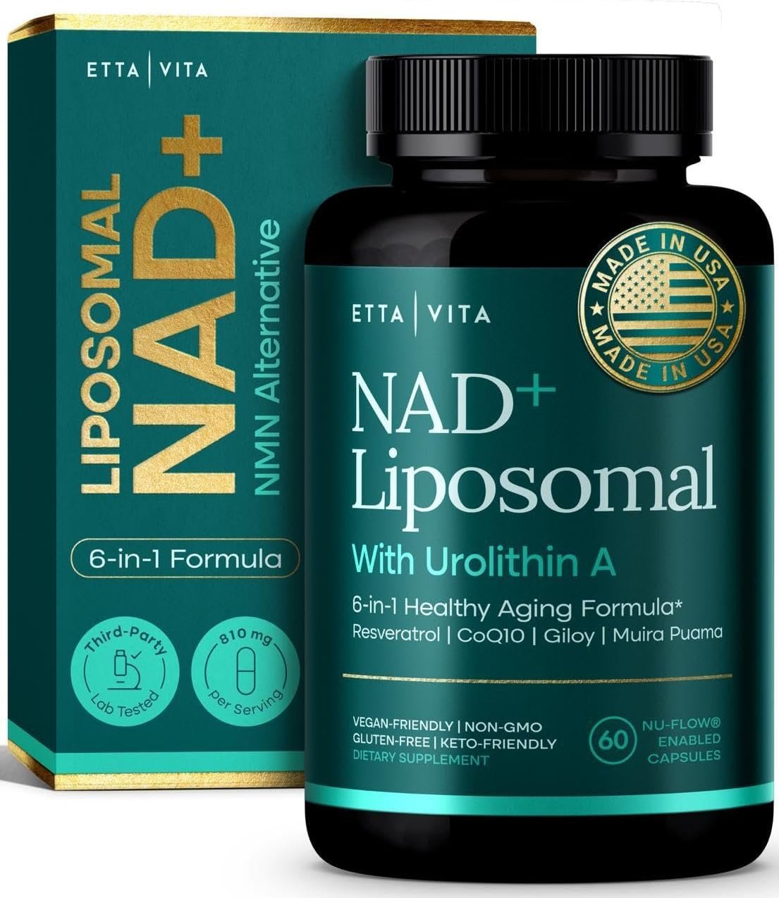 Liposomal NAD+ Supplement – Resveratrol, Urolithin A, CoQ10 & Giloy (Made in USA) NAD Supplement for Natural Energy, Brain Fog, Digestion, Detox, Gut Health, Microbiome, NR NMN Replacement