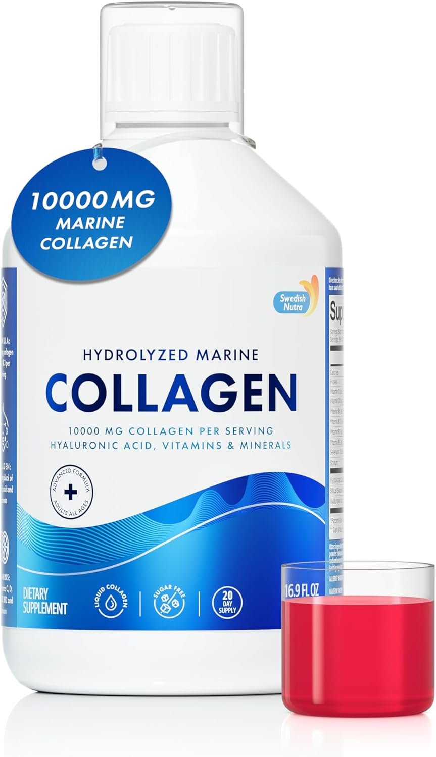 Swedish Nutra 10,000 mg Hydrolyzed Marine Collagen Liquid Supplement – 500 ml, 20 Day Supply | Hyaluronic Acid, Biotin & Vitamin C for Healthy Hair, Skin, Nails & Joints | For Men & Women | Sugar-Free