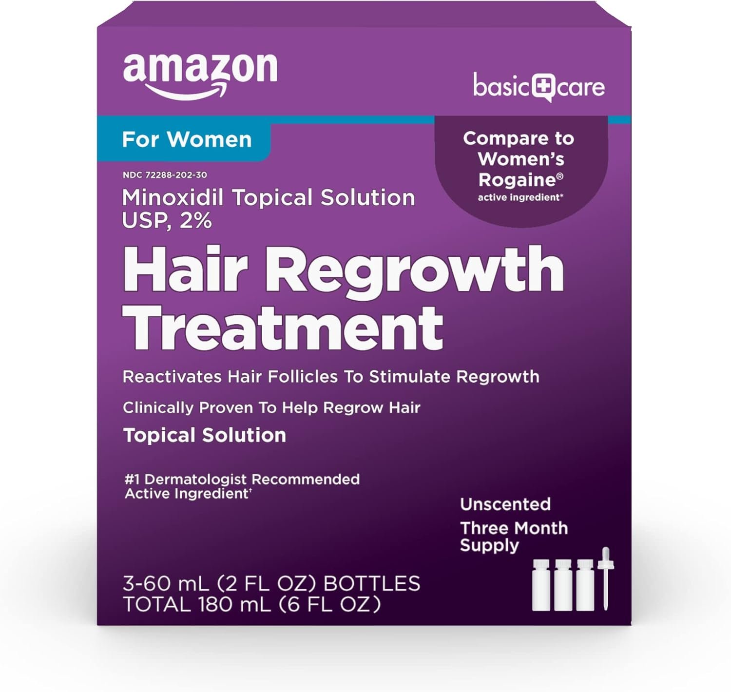 Amazon Basic Care Minoxidil Topical Solution, 2 Percent, Hair Regrowth Treatment For Women, 6 Ounce