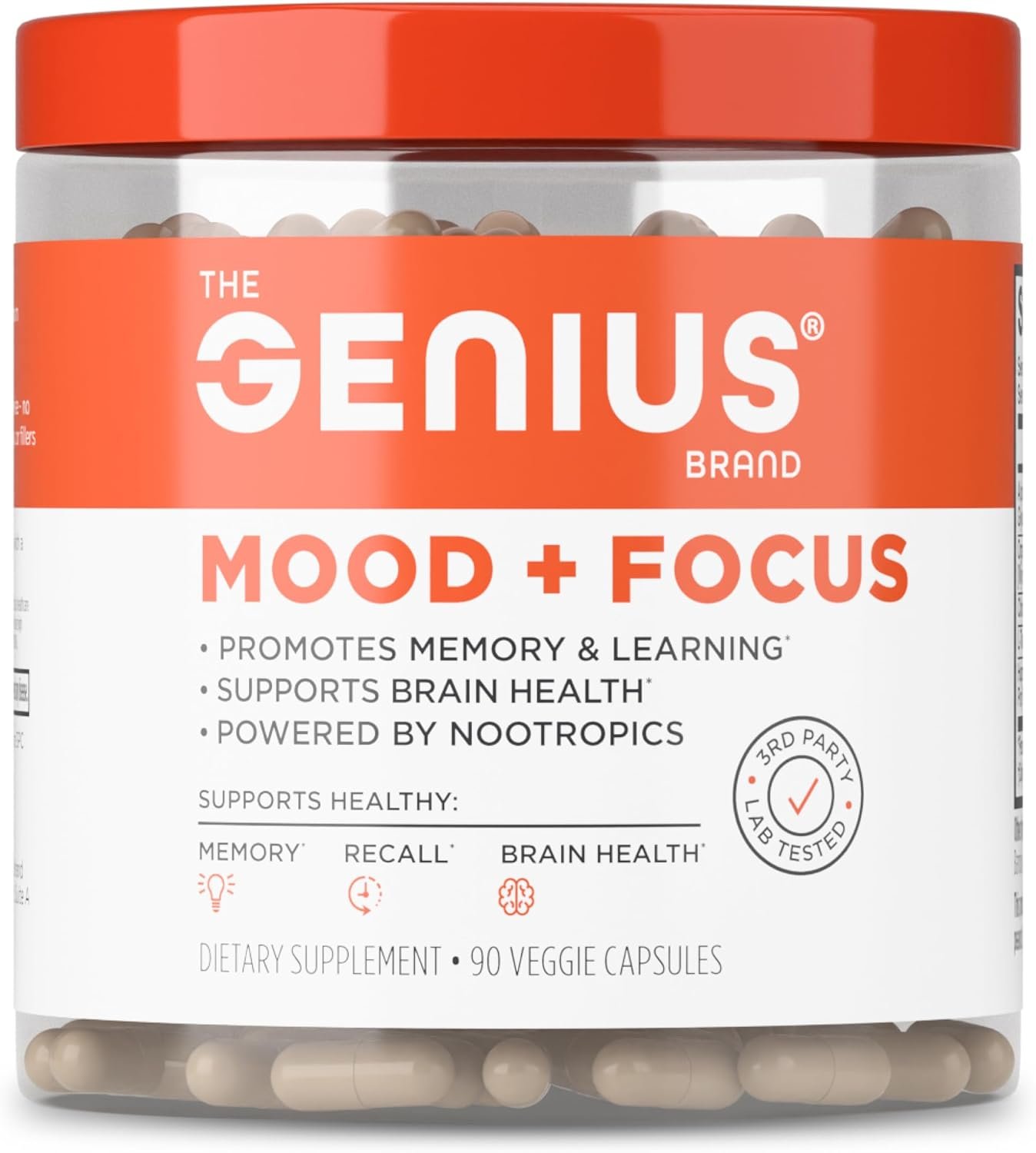 The Genius Brand Genius Mood+Focus – Nootropic Supplement with Organic Lion’s Mane, Alpha GPC & More for Brain Health – Memory Support & Focus Support – Non-GMO – 90 Veggie Capsules