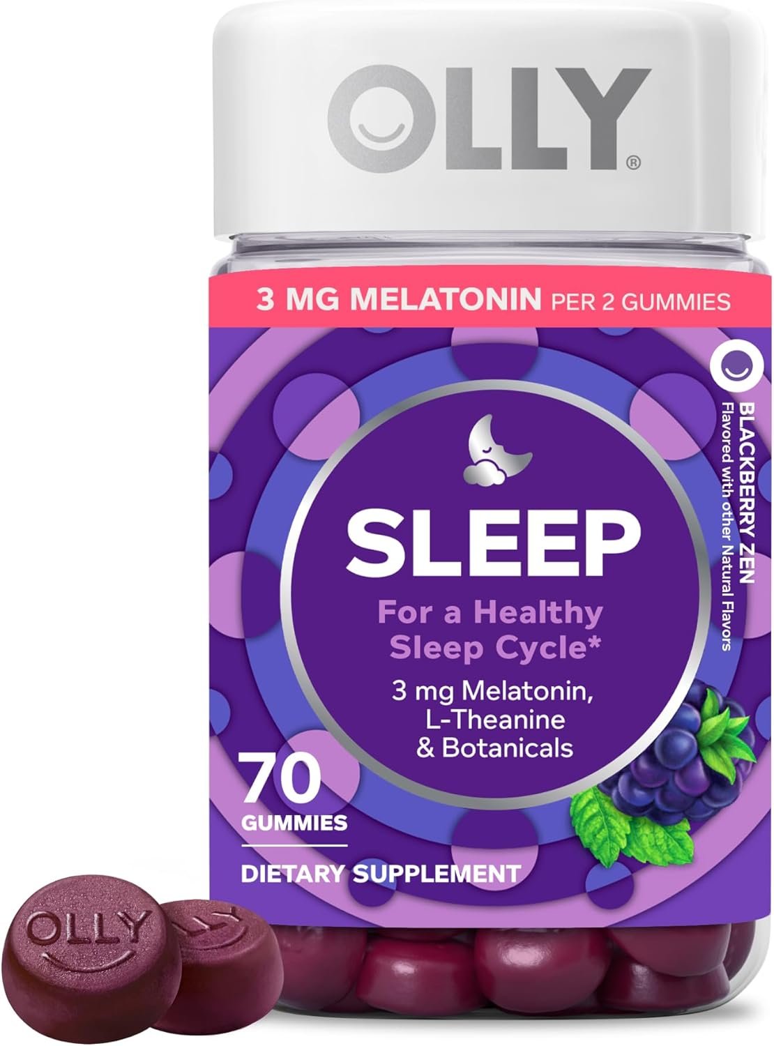OLLY Sleep Gummy, Sleep Support Supplement,* 3 mg Melatonin, L-Theanine, Chamomile and Lemon Balm Extracts, Blackberry Zen Flavor, 35 Day Supply – 70 Count