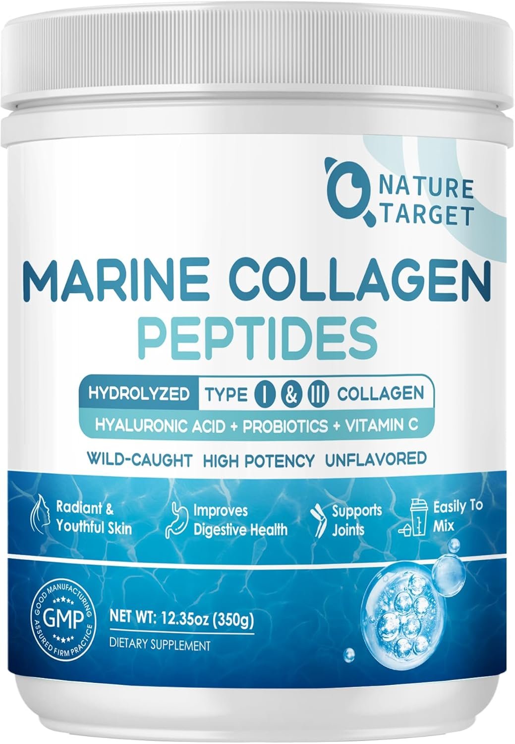 NATURE TARGET Marine Collagen Peptides Powder – Type I & III Collagen with Probiotics, Vitamin C & Hyaluronic Acid for Skin, Hair, Nails, Wild-Caught Fish & Grass-Fed Bovine, 35 Servings