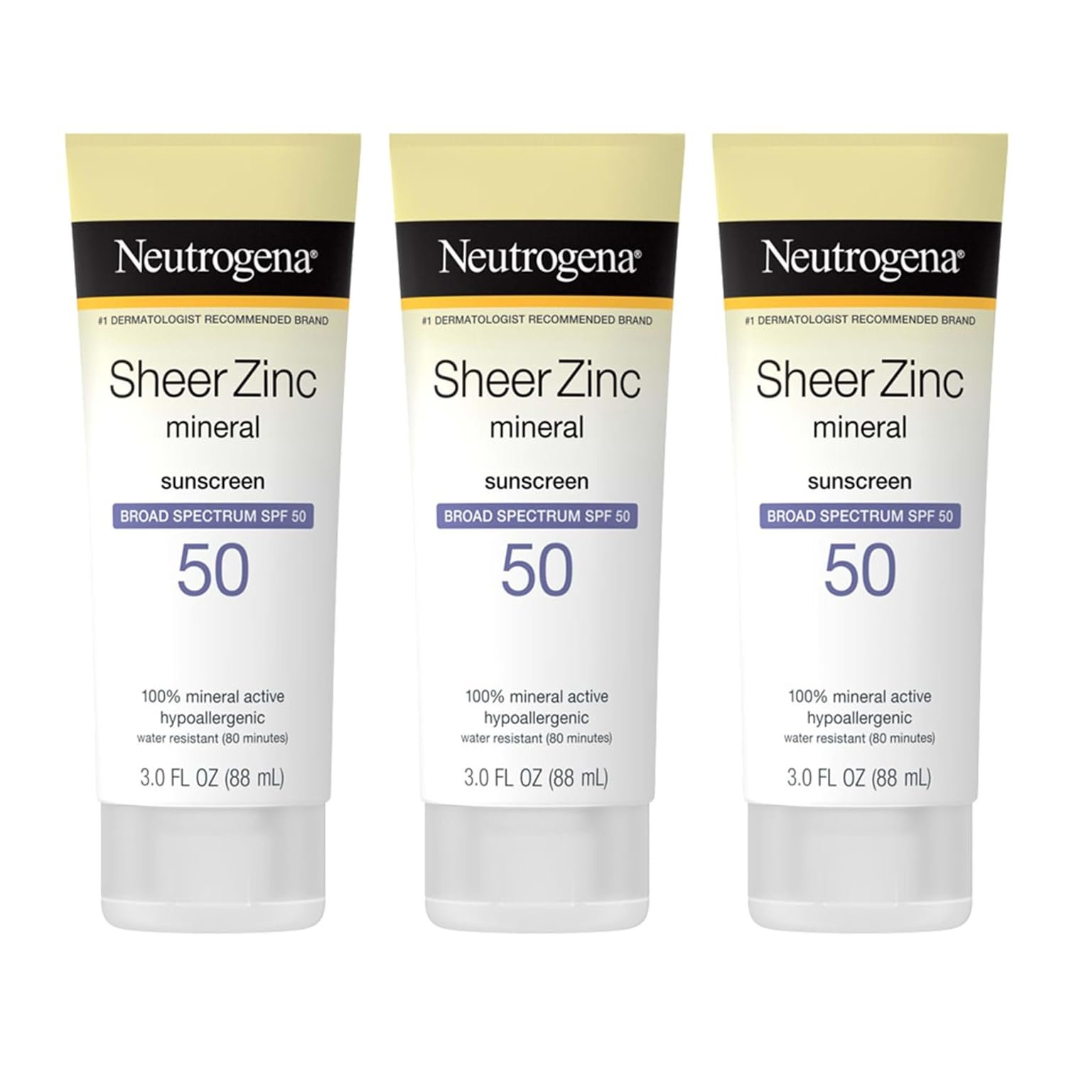 Neutrogena Mineral Sunscreen Sheer Zinc Oxide Dry-Touch Lotion, Broad Spectrum Sunblock SPF 50, Water Resistant Sunscreen For Sensitive Skin, 3 fl. oz, 3 Pack