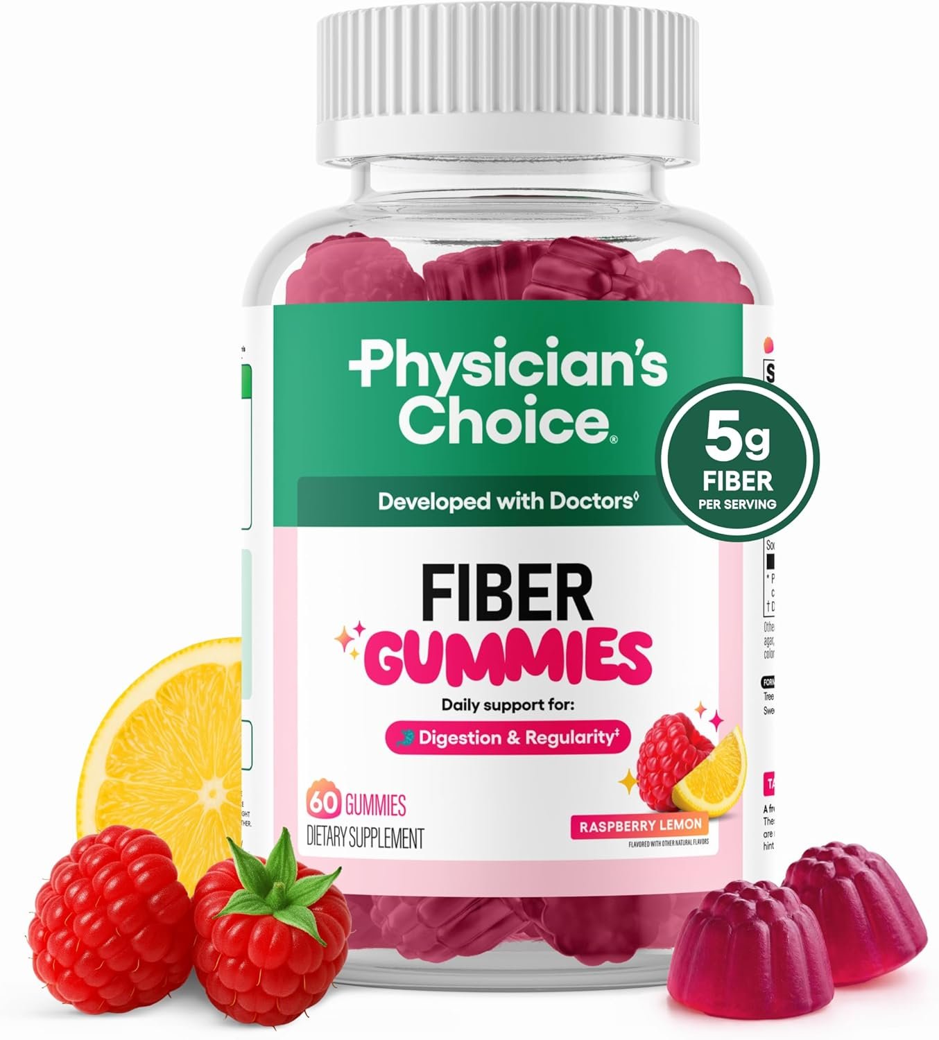 Physician’s Choice Fiber Gummies for Digestive Health & Regularity – Raspberry Lemon Flavor – No Sugar Added & Vegan – Natural Chicory Root Prebiotic Fiber – Daily Gummy for Adults, Women & Men – 60CT