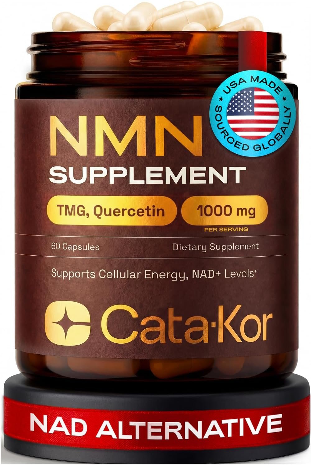 Cata-Kor NMN Supplement – 4-in-1 NAD Supplement with Quercetin | TMG | Resveratrol – NMNH Alternative – Supports Cellular Energy & NAD+ Level – 60 Capsules – Third-Party Tested (1 Pack)