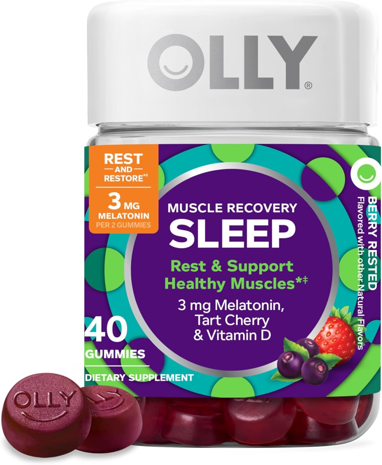 OLLY Muscle Recovery Sleep Gummies, Sleep and Healthy Muscle Support,* 3mg Melatonin, Tart Cherry Extract, Vitamin D, Berry Rested Flavor, 20 Day Supply – 40 Count