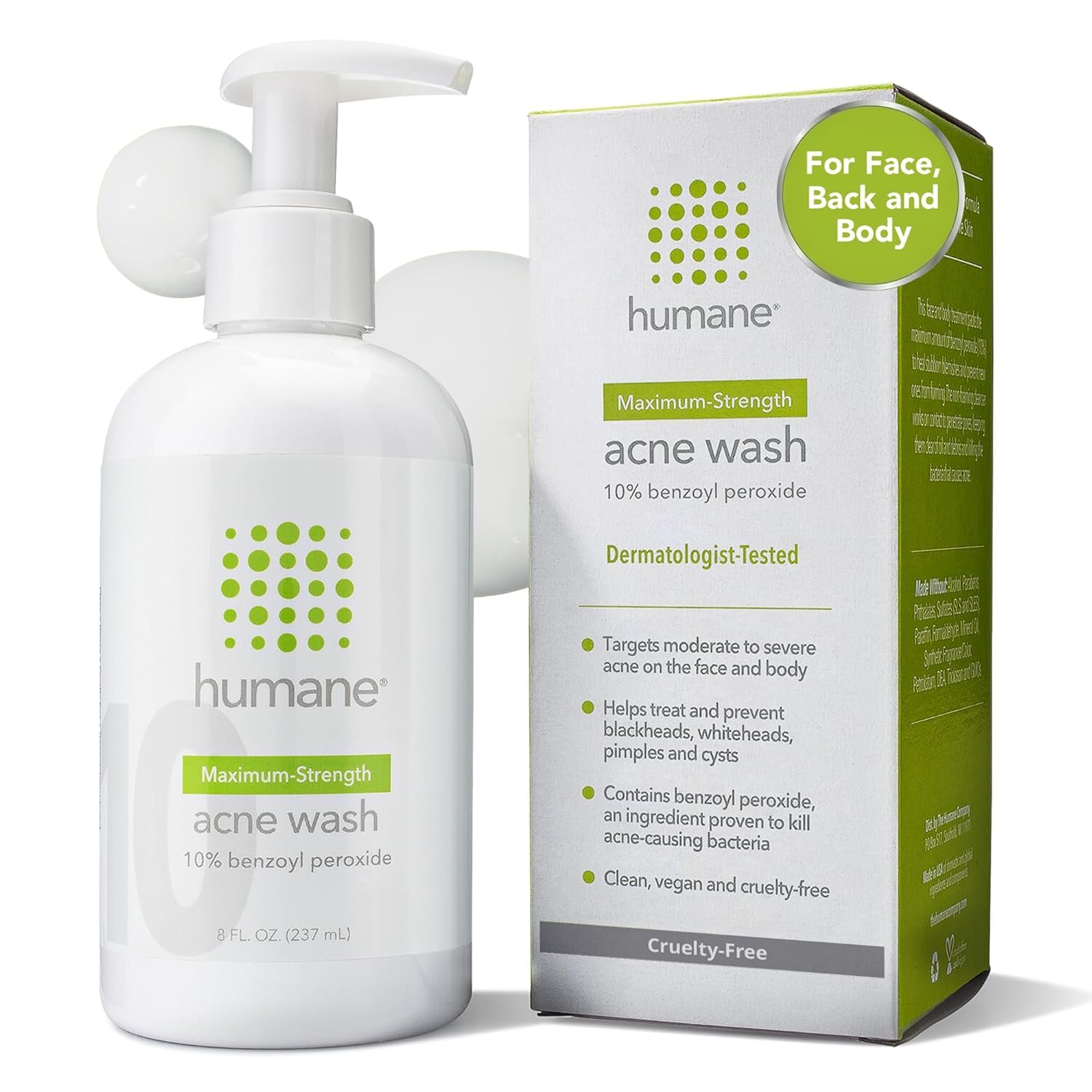 humane Benzoyl Peroxide Acne Body Wash – 10% Maximum-Strength Face, Skin, Butt, and Back Acne Treatment – 8 Fl Oz – Dermatologist-Tested Non-Foaming Acne Face Wash Cleanser – Vegan, Cruelty-Free
