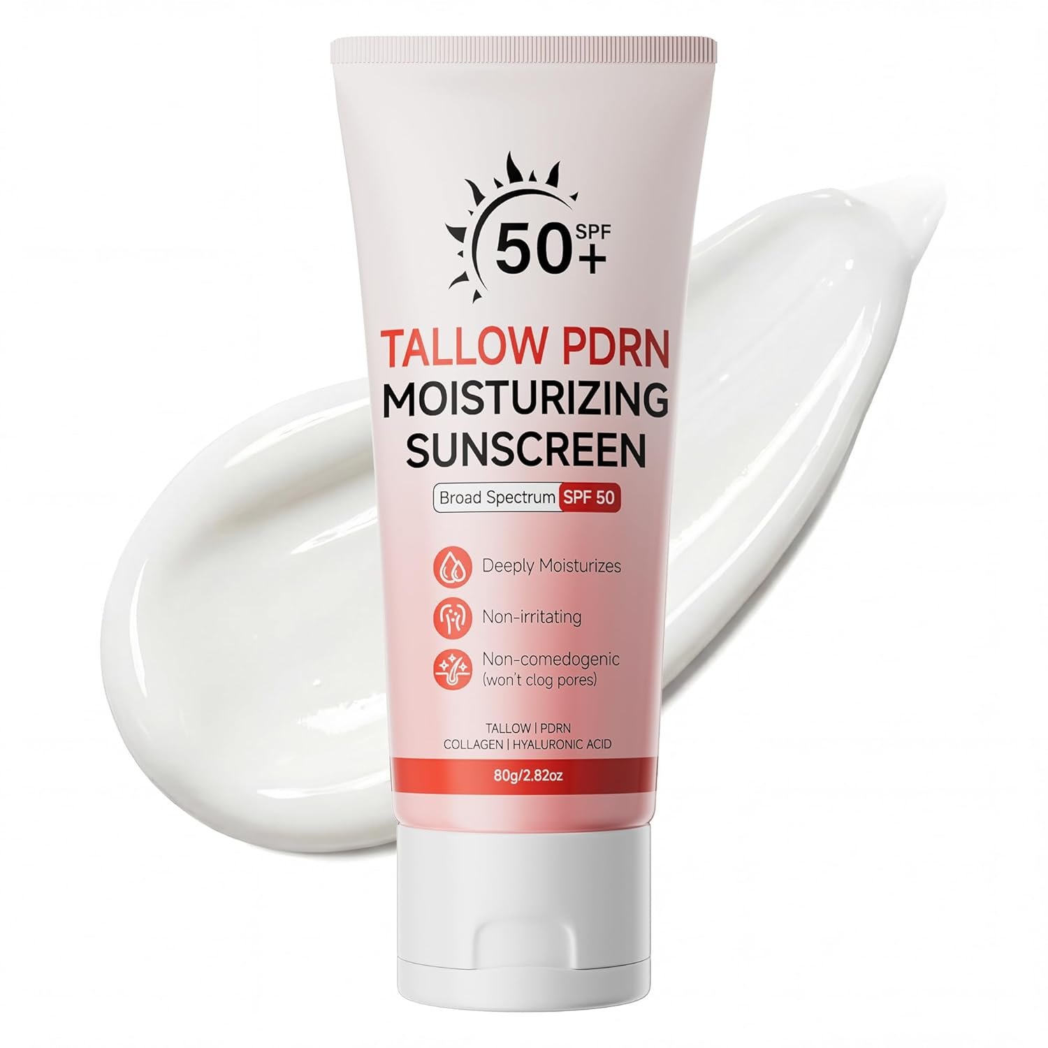 Beef Tallow Sunscreen with Non-Nano Zinc Oxide, Mineral Sunscreen SPF 50 for Face and Body, Salmon PDRN Sunblock Moisturizing Sun Screen for Sensitive Skin & Kids, 2.82 OZ (80g)