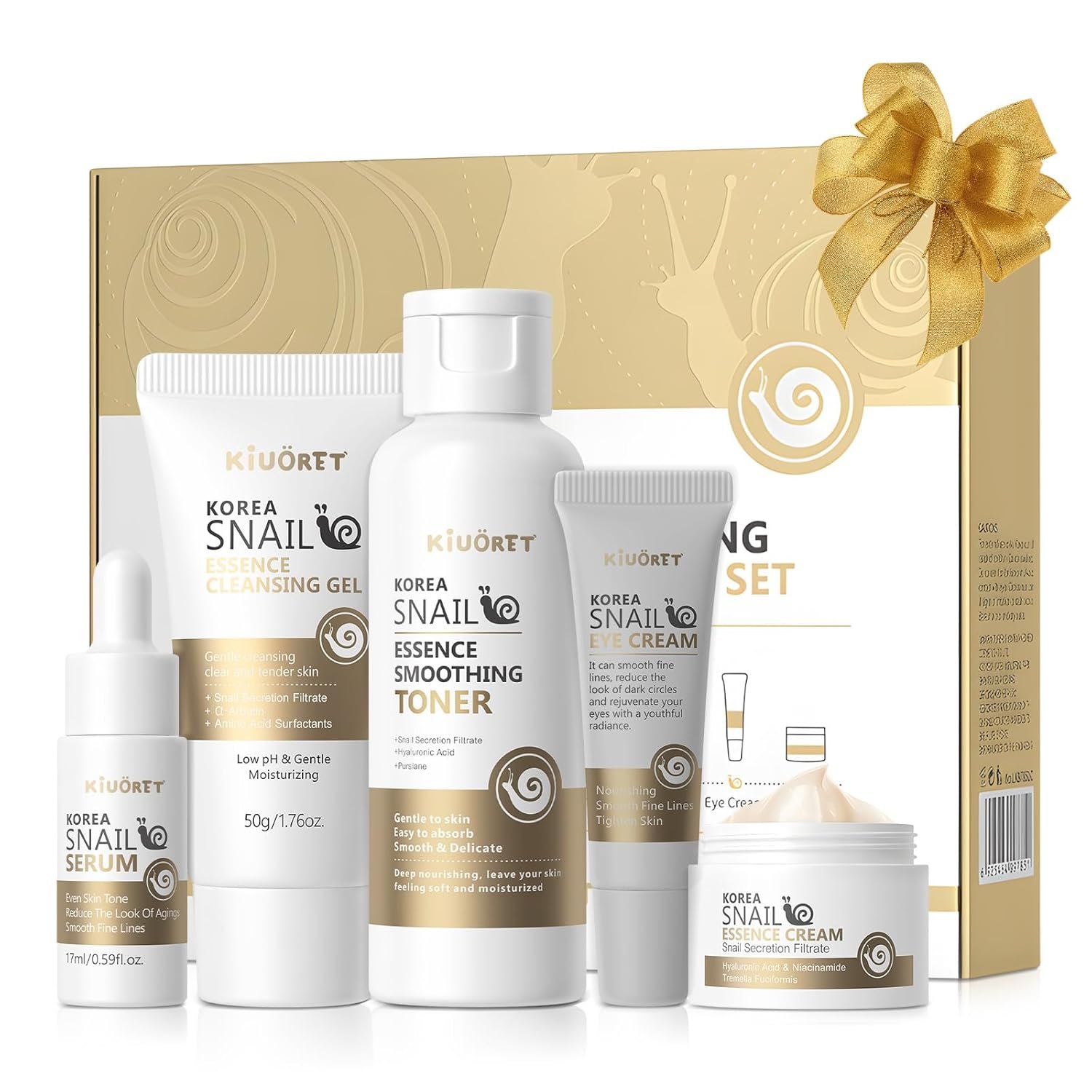Snail Skin Care Set with Red Ginseng – 5PCS Korean Skin Care Set with Facial Cleanser, Toner, Serum, Eye Cream & Face Cream – Moisturizing and Smoothing Skin – Skincare Gifts for Women Teen Girls