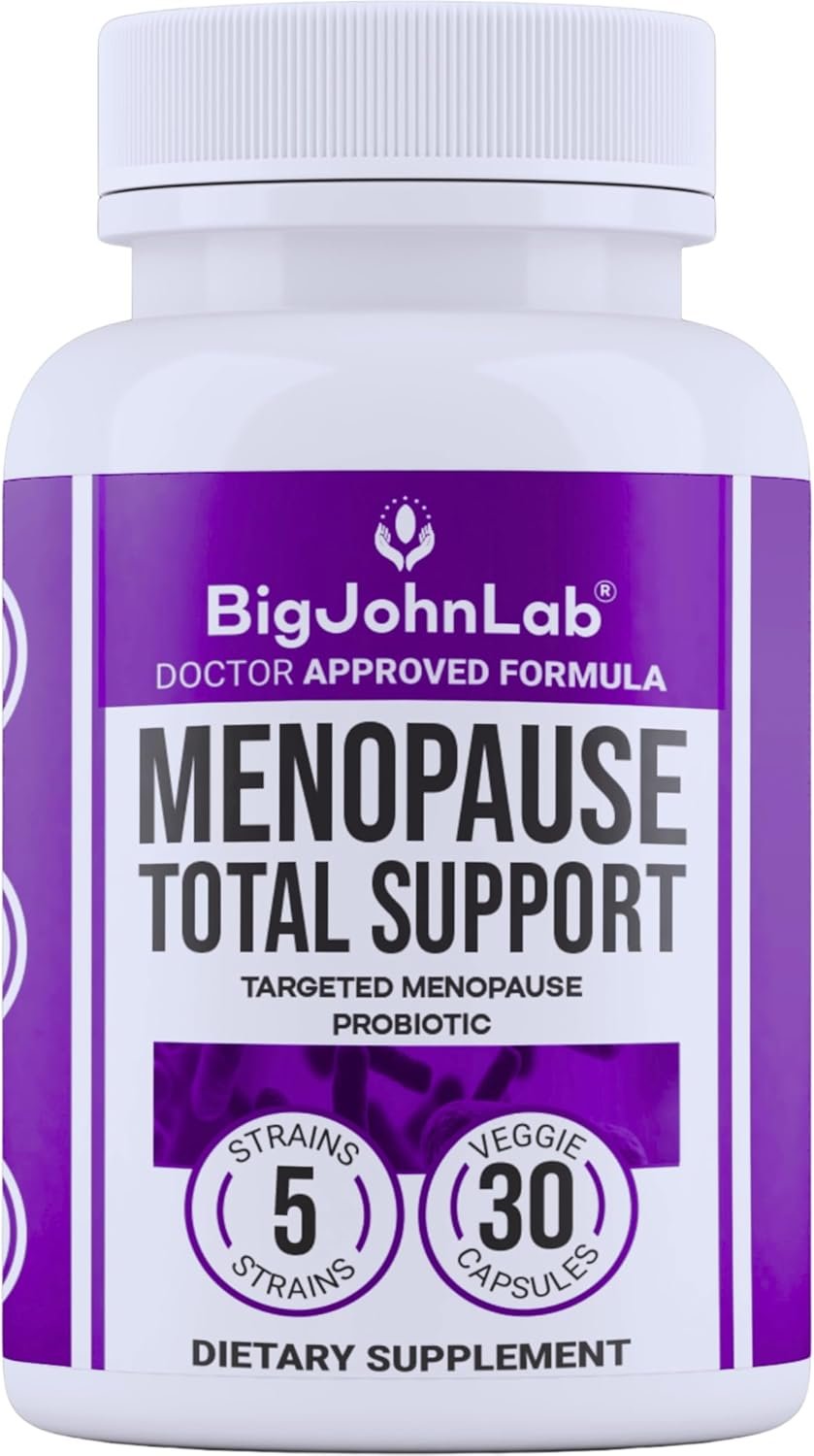 BIGJOHNLAB® – Menopause Total Support – Advanced Probiotic Formula with 5 Strains & 15 Billion CFU, Resveratrol, Black Cohosh, Acacia Fiber, Non-GMO & 100% Vegetarian