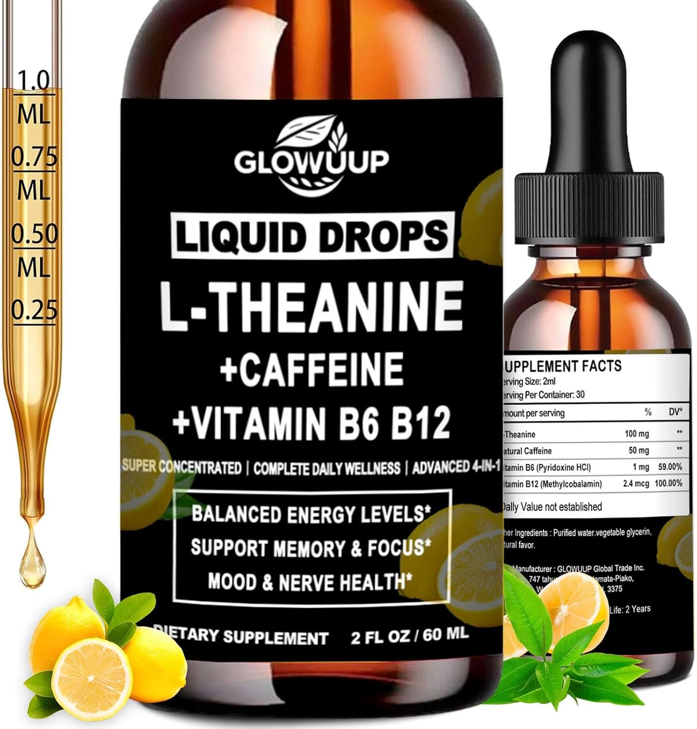 L-Theanine Supplement with Caffeine, Organic Liquid Caffeine 50mg w. L-Theanine 100mg, Vitamin B12 B6 for Focused Energy, Alertness & Recess Mood, Nootropic Brain Drops for Women & Men丨30 Days Supply