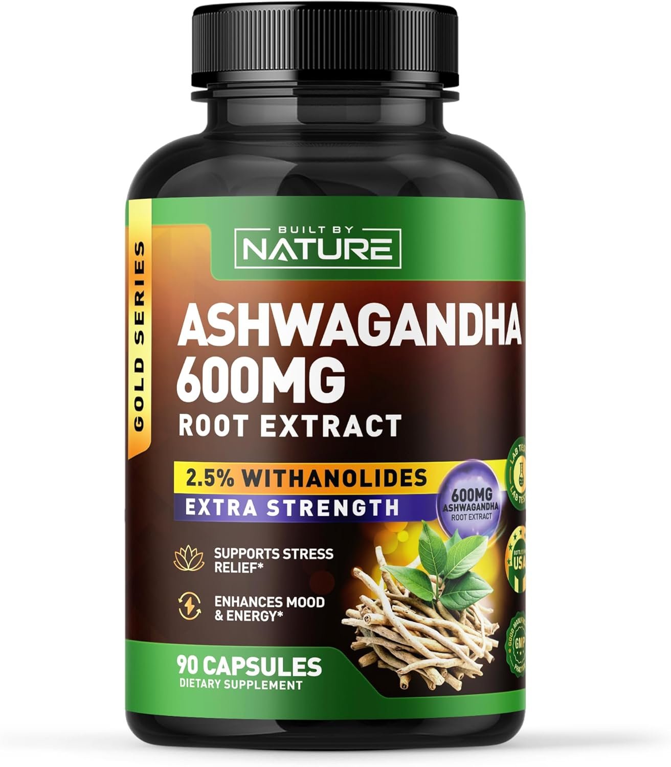 Built by Nature Ashwagandha Supplement – Extra Strength Ashwagandha Capsules 600mg – Standardized 2.5% Withanolides – Ashwagandha for Men & Women – Stress, Mood & Energy Support – 90 Capsules