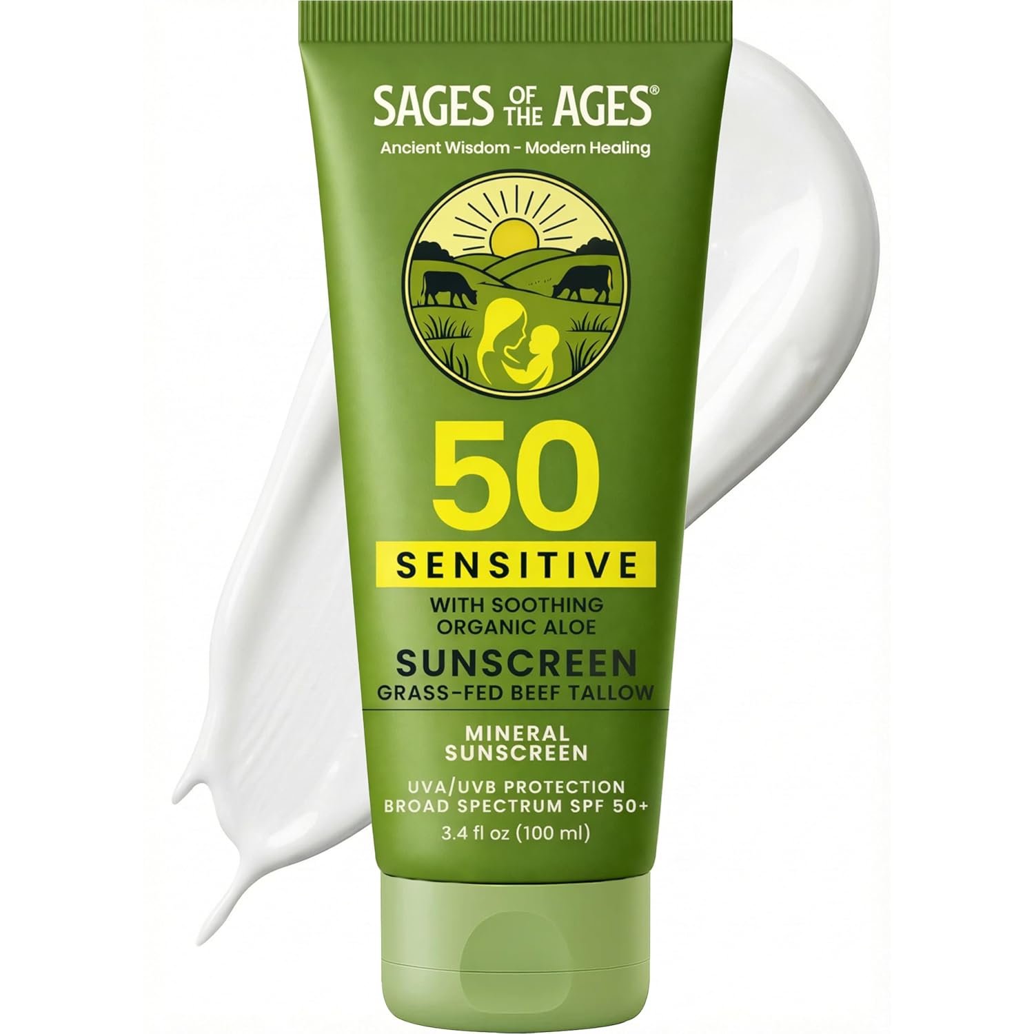 Organic Grass-Fed Tallow Mineral Sunscreen SPF 50 — No White Cast, Non-Nano Zinc Oxide, Reef Safe UVA/UVB, Water Resistant 80 Min, Moisturizing & Soothing with Aloe Vera, Face & Body, 3.4 oz