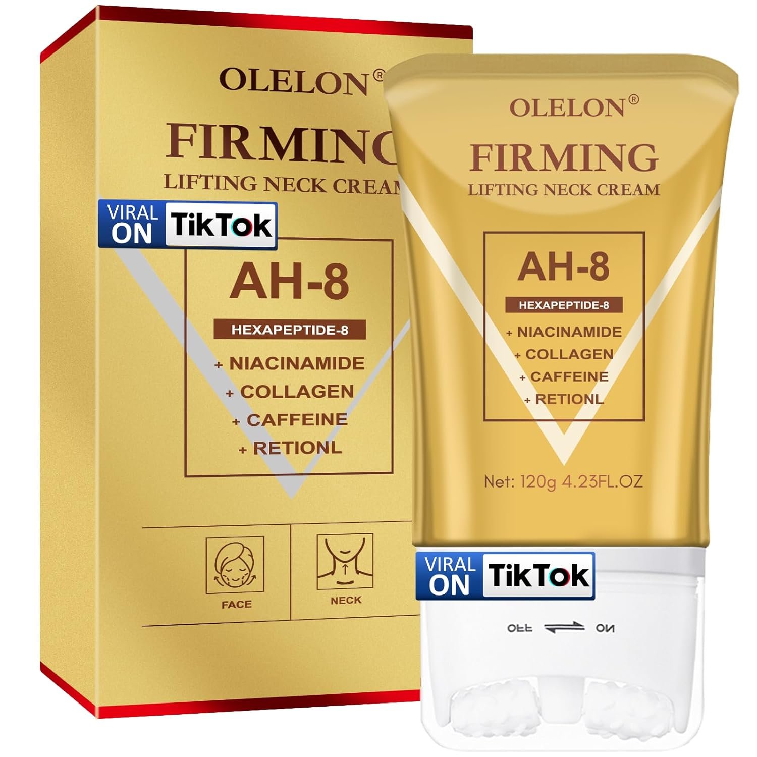 OLELON [2026 Upgrade AH8 Firming Neck Cream with Roller – Tightening & Lifting Cream for Sagging Skin, 8-HA Clockwise Neck Cream for Face & Body Skin Tightening Cream with Massage Roller