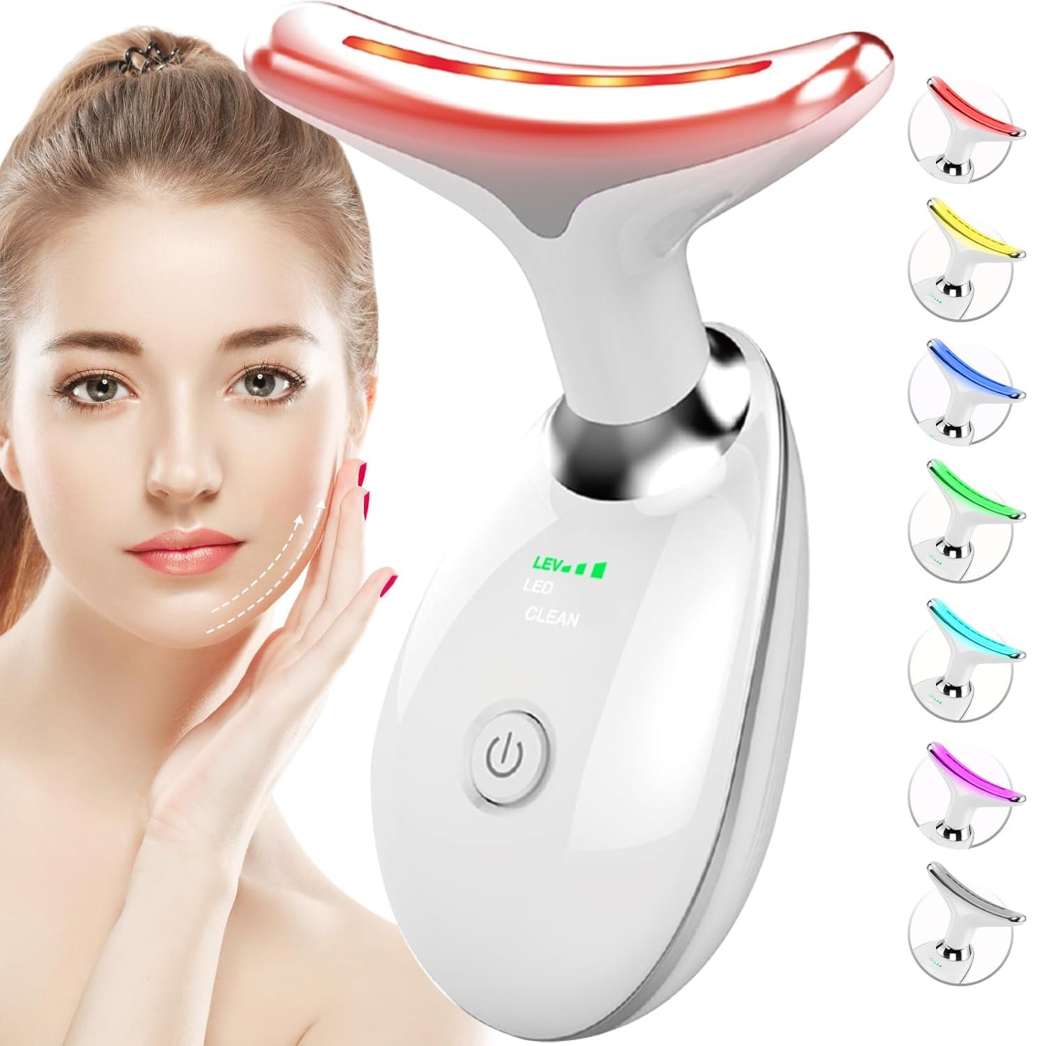 SDKWDH Red Light Therapy for Face and Neck, 7 Color Face Massager Tool for Wrinkles, Double Chin, Vibrating Facial Massager with Thermals for Skin Care, Gifts for Women Men, Glossy White