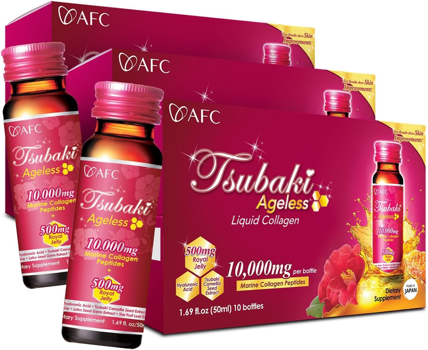 AFC Japan Tsubaki Ageless Liquid Collagen Drink for Women | 10,000mg Marine Collagen Peptides, 500mg Royal Jelly, Hyaluronic Acid | Supports Skin Hydration & Elasticity 1.69 fl.oz x 10 Bottles (3Pack)