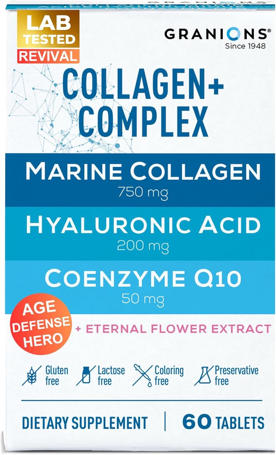 Marine Collagen Pills Complex – 200mg Hyaluronic Acid Supplement, Coenzyme Q10 CoQ10, Hydrolyzed Marine Collagen Peptides, Eternal Flower Hydration, Age Defense Supplements – 60 Sealed Tablets