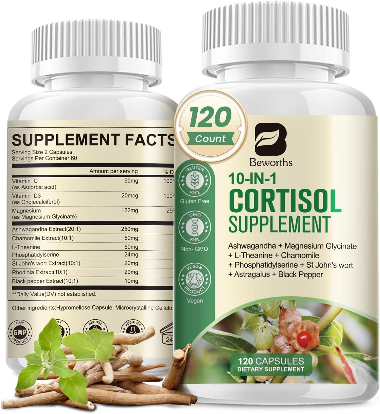 B BEWORTHS Cortisol Supplements for Women Men, 10-in-1 Cortisol Detox with Ashwagandha, Magnesium, L-Theanine, Balanced Cortisol Levels, Night & Calm Support, 120 Vegan Capsules