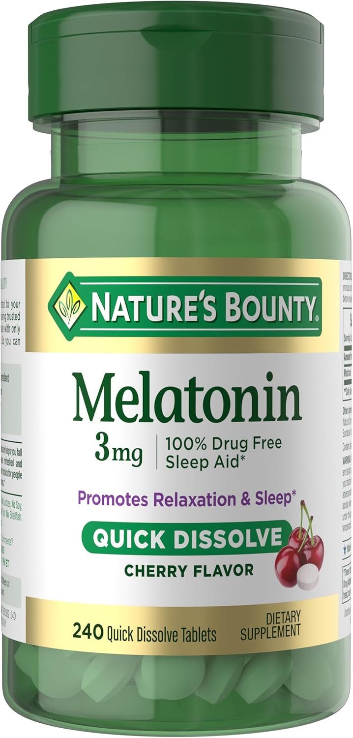 Nature’s Bounty Melatonin 3mg Quick Dissolve, Sleep Aid Supplement, Sleep Aids for Adults, Cherry Flavor, 240 Count (Pack of 1)