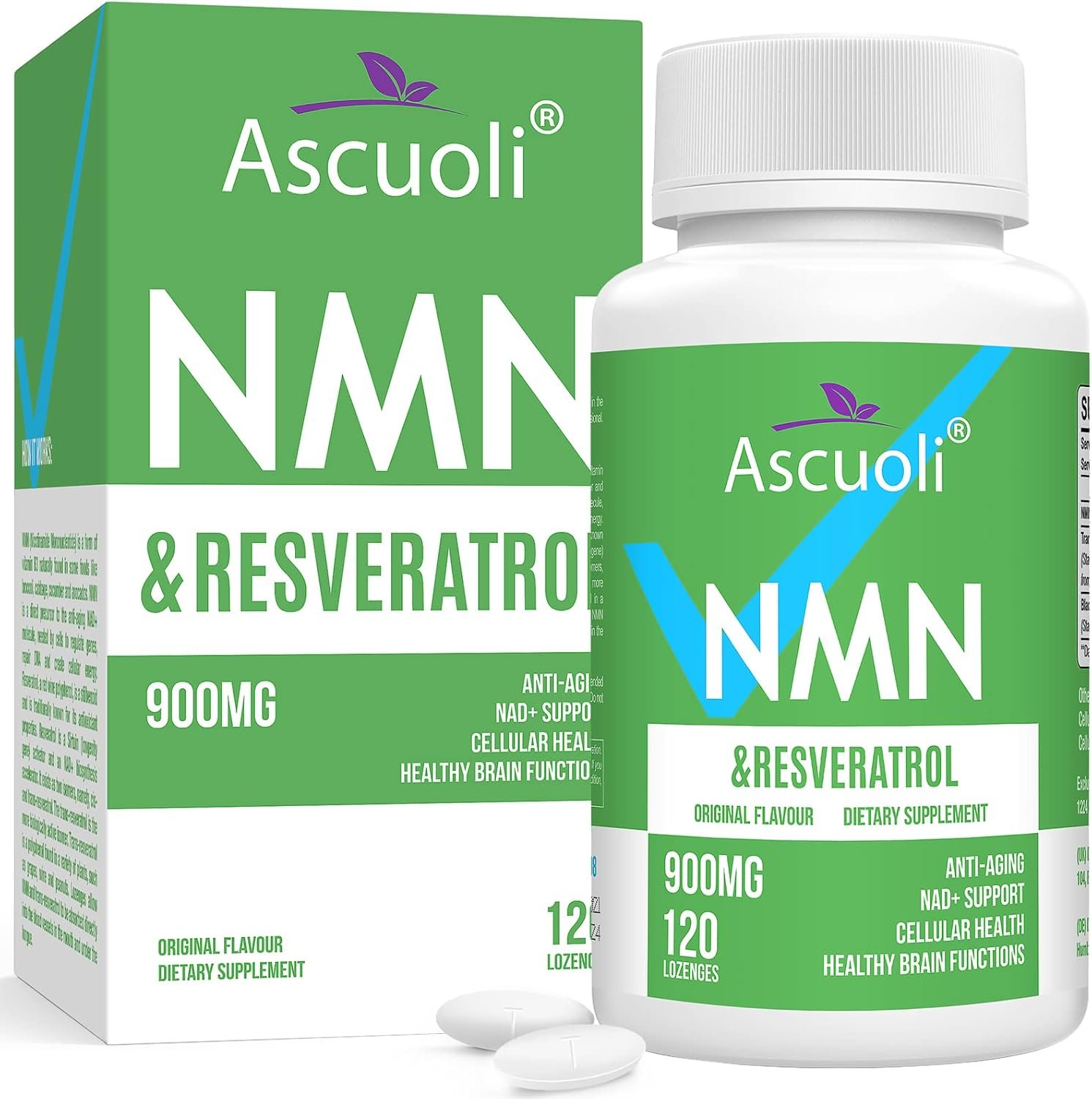 Sublingual NMN 500mg + Trans-Resveratrol 400mg, 3-in-1 Advanced Formula 99% Pure NMN Resveratrol Supplement for Boost* NAD, Cell, Immune, Energy & Muscle, Anti-Aging, 120 Lozenges (120-Day Supply)