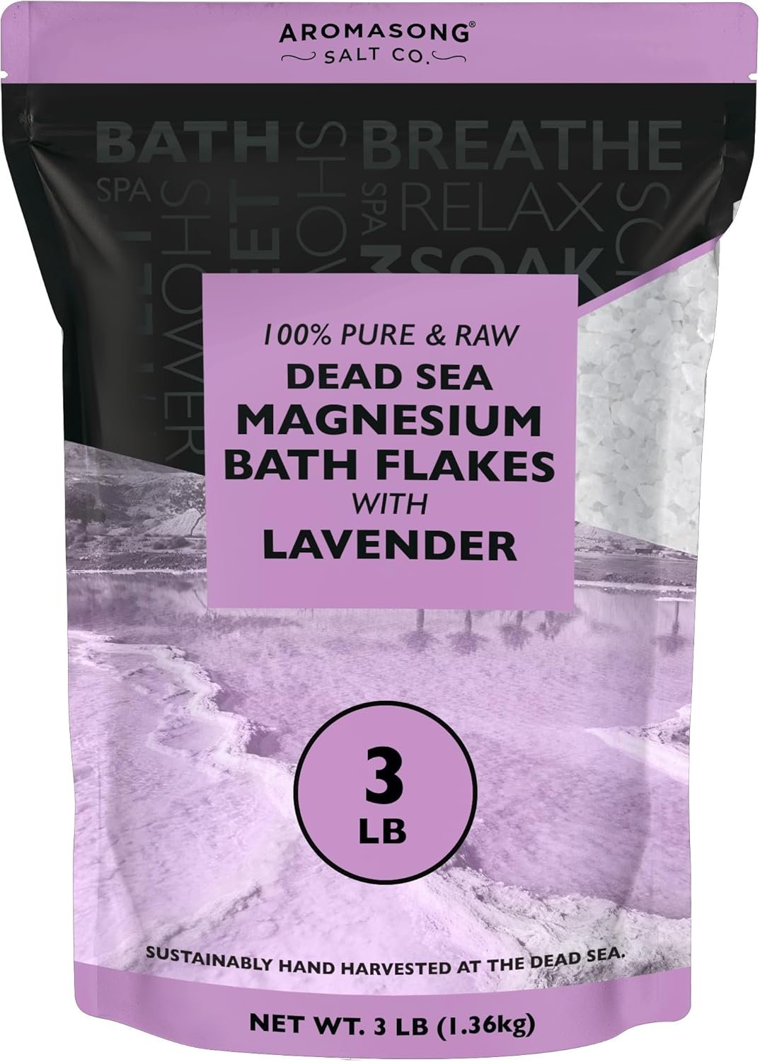 Aromasong RAW Magnesium Bath Flakes with 100% Natural Lavender, 3 LB Muscle Relaxing Organic Salts Mg Chloride, Mineral Soak. (Packaging May Vary)