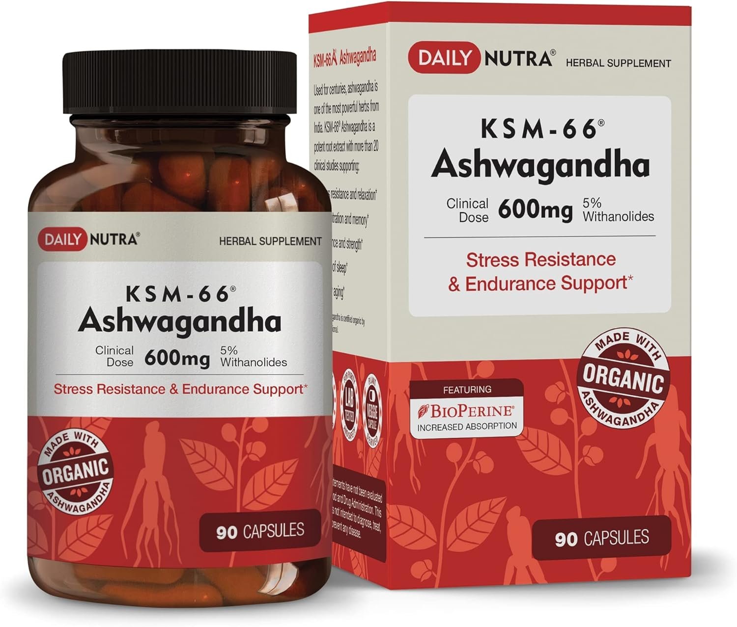 DailyNutra KSM-66 Ashwagandha 600mg Organic Root Extract – High Potency Supplement with 5% Withanolides | Relieves Tiredness, Supports Relaxation, Focus, Energy, & Muscle Growth (90 Capsules)