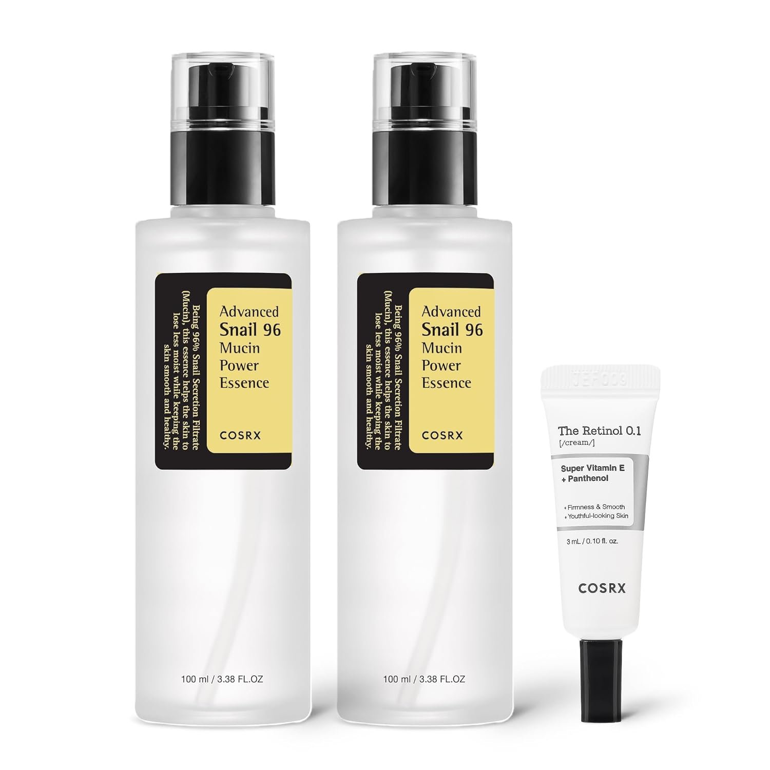 COSRX Snail 96% Mucin Power Essence 2ea & Retinol 0.1% Cream Mini Sample 1ea, Glass Skin Starter Set, Amazon Exclusive, Daily Hydrating & Firming Korean Skin Care Kit, Gift Set, Mothers Day Gifts