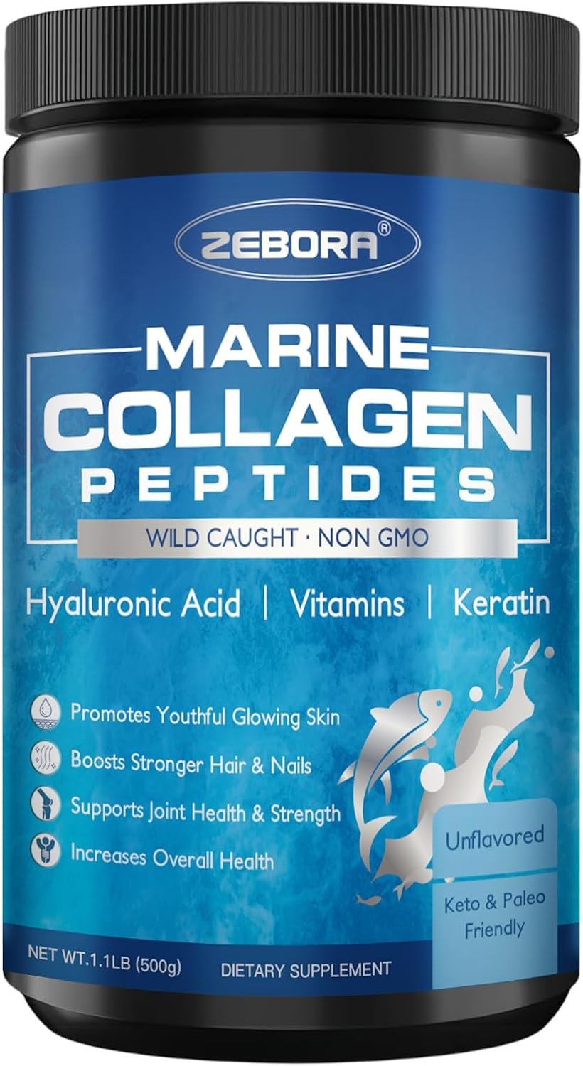 ZEBORA Marine Collagen Peptides Powder 50 Servings – Wild Caught Hydrolyzed Fish Collagen with Hyaluronic Acid, Keratin, Multivitamins – Collagen for Women Support Skin Hair Nail Joint, Keto Friendly