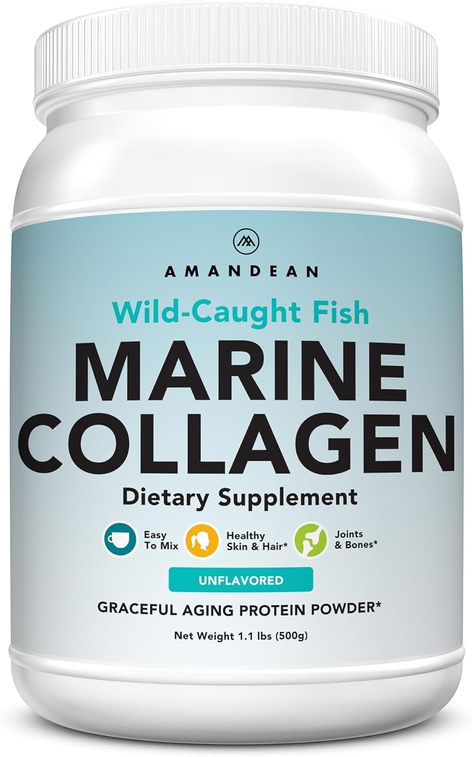 AMANDEAN Marine Collagen Peptides Powder. Double Hydrolyzed for Increased Absorption. Wild-Caught Fish Collagen Supplement. Type 1 & 3 Collagen Protein. 18 Amino Acids for Skin, Hair, Nails.
