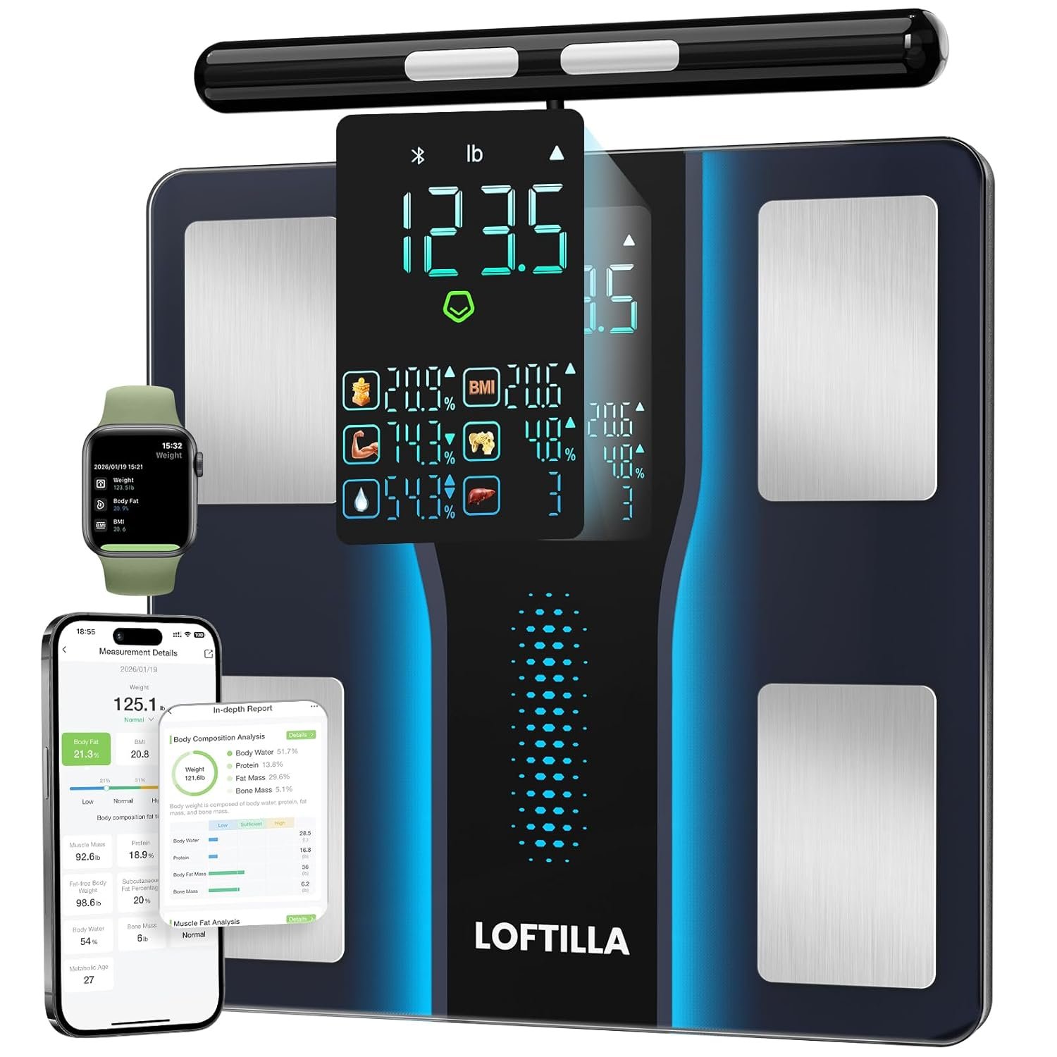 Smart Scale for Body Weight, 8-Electrode Bluetooth Bathroom Scale with BMI Body Fat Muscle Mass, 50+ Full Body Composition Metrics, High Accurate Scales with 5.4″ Large LED Display Black