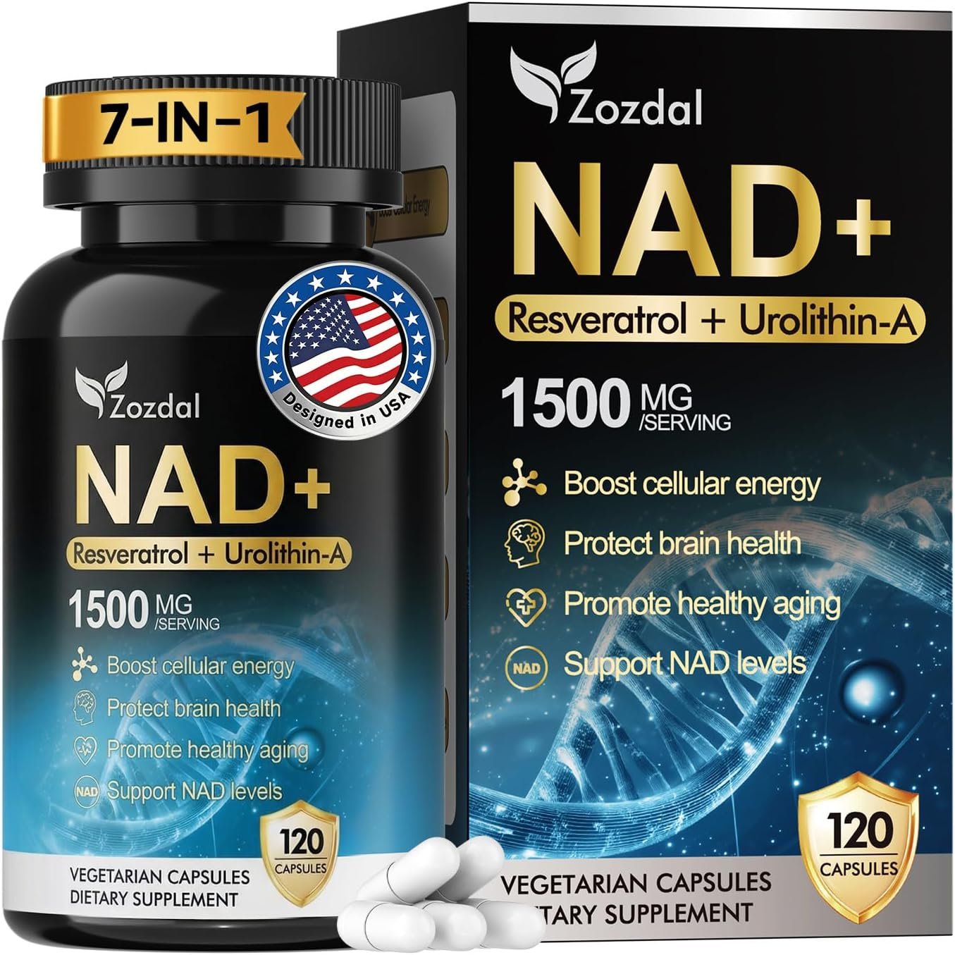 NAD+ Supplement 1500mg – 7-in-1 Liposomal Formula with Urolithin A, CoQ10 & Resveratrol – Cellular Energy, Muscle Health & Healthy Aging Support for Women & Men- 120 Capsules