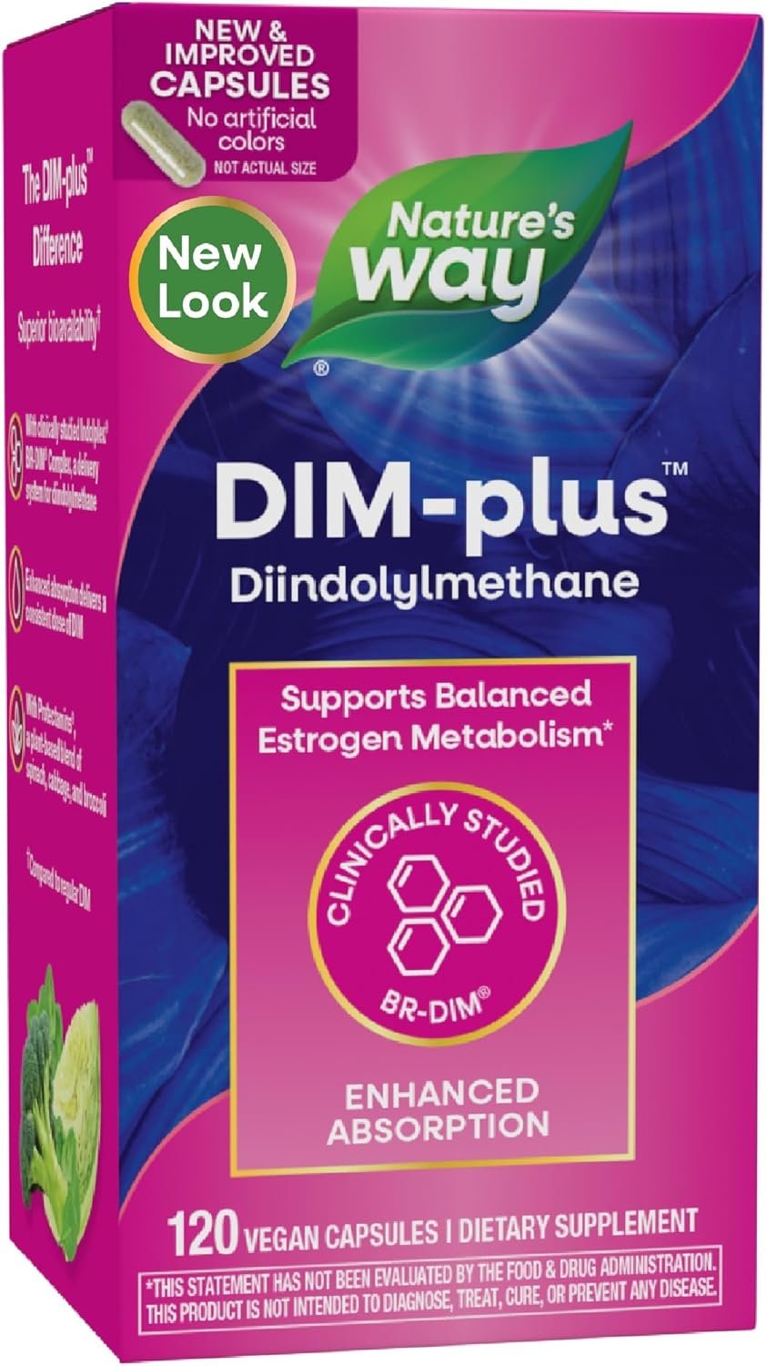 Nature’s Way DIM-Plus DIM Supplement, BR-Diindolylmethane 100 mg per 2- Capsules, Supports Balanced Estrogen Metabolism, Prostate Function, and Premenstrual Breast Comfort*, 120 Vegan Capsules