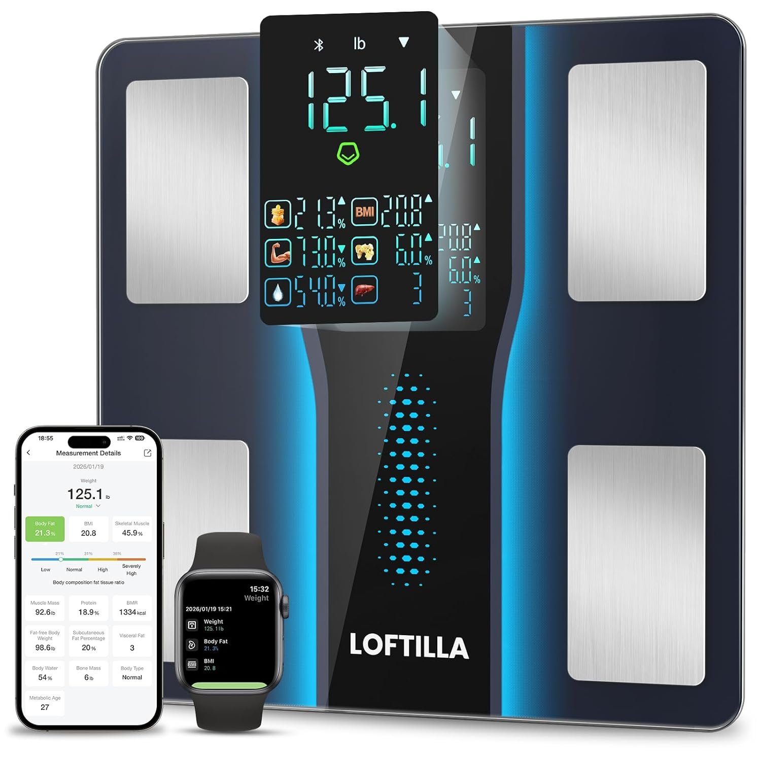 Smart Scale for Body Weight, Accurate Scale with BMI Body Fat Muscle Mass, 8-in-1 Large Display, Digital Bathroom Scales for 14 Body Composition Metrics, Sync with Fitness App, Black