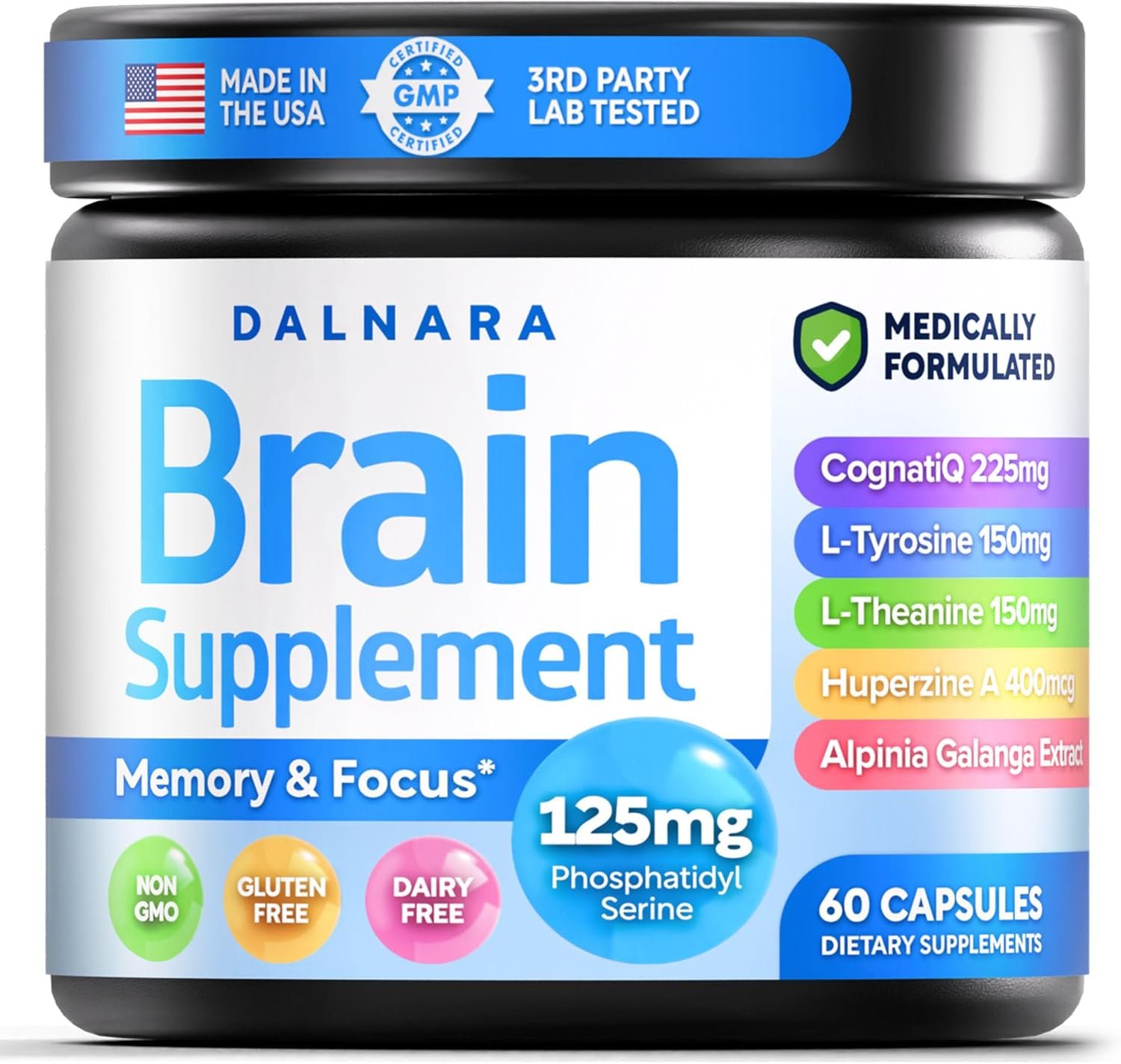 Brain Supplements for Memory and Focus for Men and Women – Nootropic with Alpinia Galanga, CognatiQ, Phosphatidylserine, L-Theanine, L-Tyrosine – Brain Booster Memory Pills Brain Health – 60 Capsules