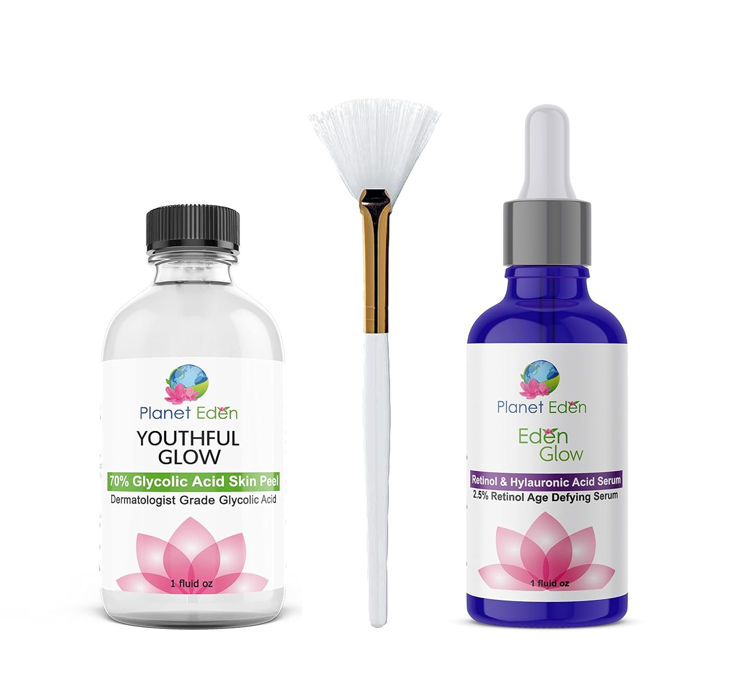 Planet Eden 70% Glycolic Acid Chemical Skin Peel Kit with Hyaluronic Acid + 2.5% Retinol Serum and Fan Brush – Get your Glow Back!