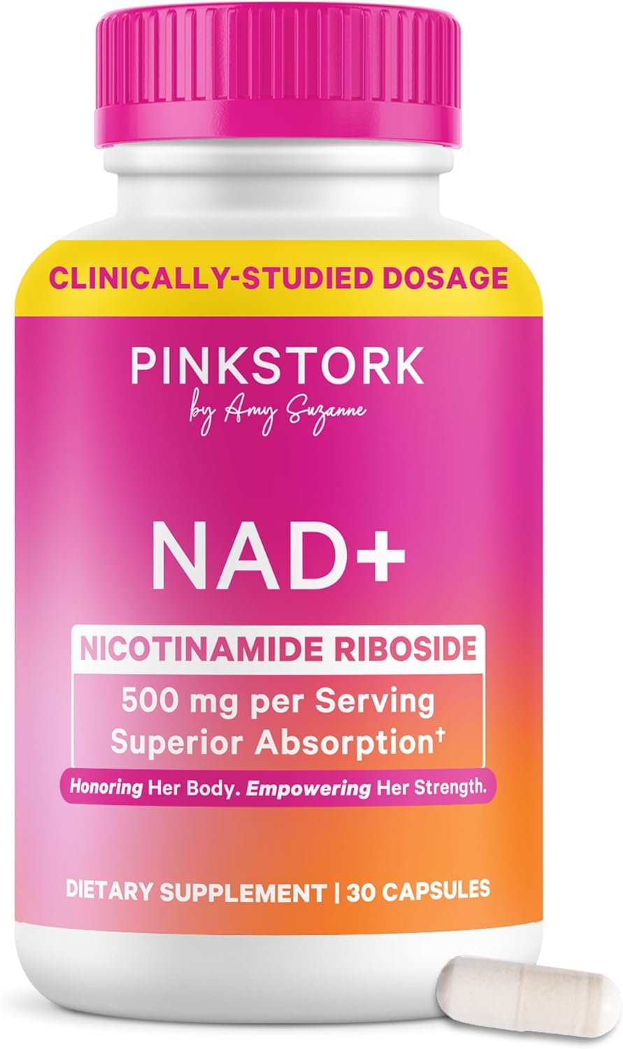 Pink Stork NAD+ Supplement for Women Over 30 | 500 mg Nicotinamide Riboside NR | Clinically Studied Pure NMN Powder | Brain, Energy, + Cellular Skin Health Support | No Jitters | 30 Capsules