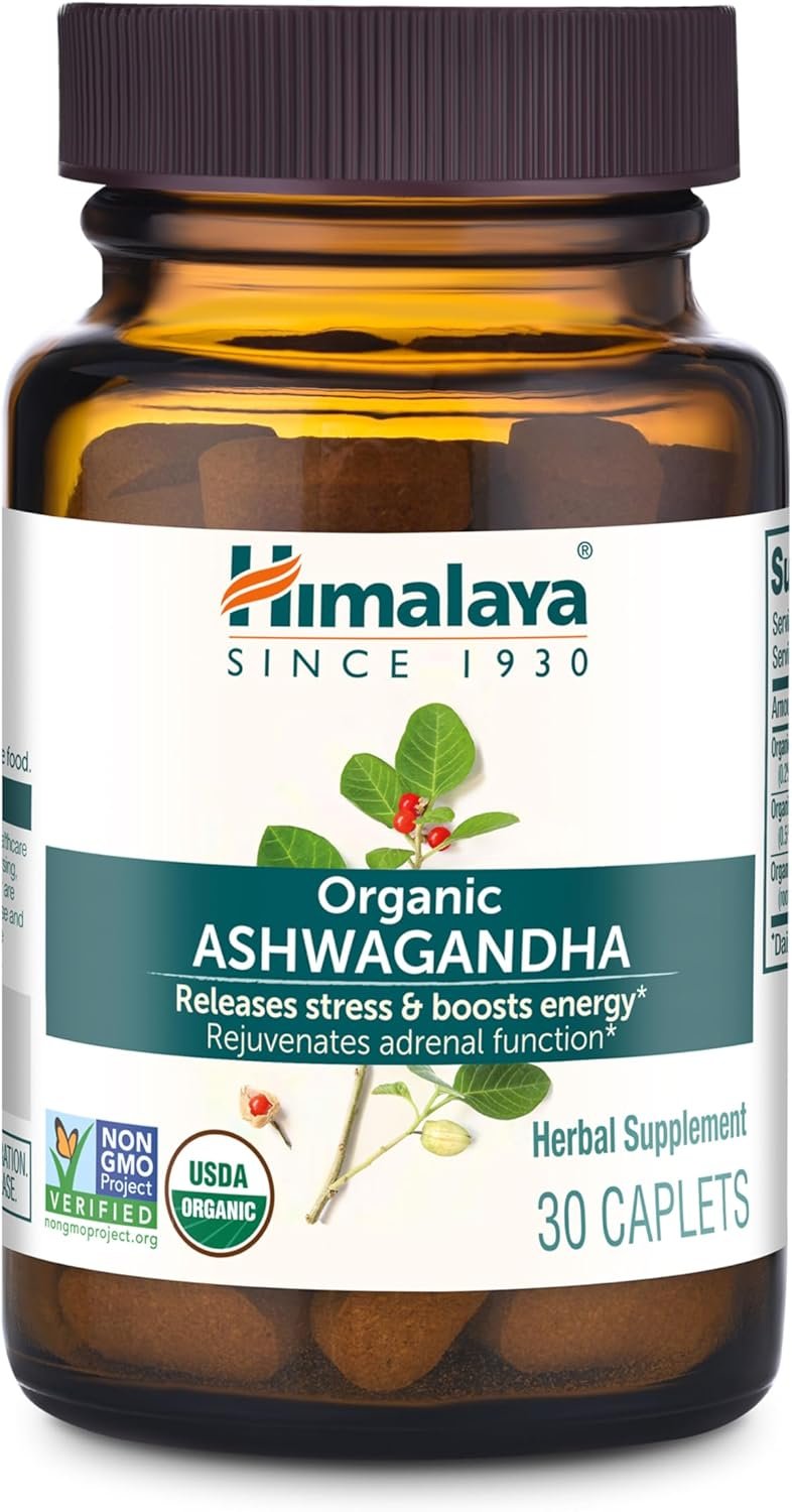 Himalaya Organic Ashwagandha Root, 30 Day Supply – Herbal Adrenal Support Supplements for Stress Relief and Energy Support – USDA Organic, Non-GMO, Vegan, Gluten Free, No Additives, 670 mg, 30 Caplets